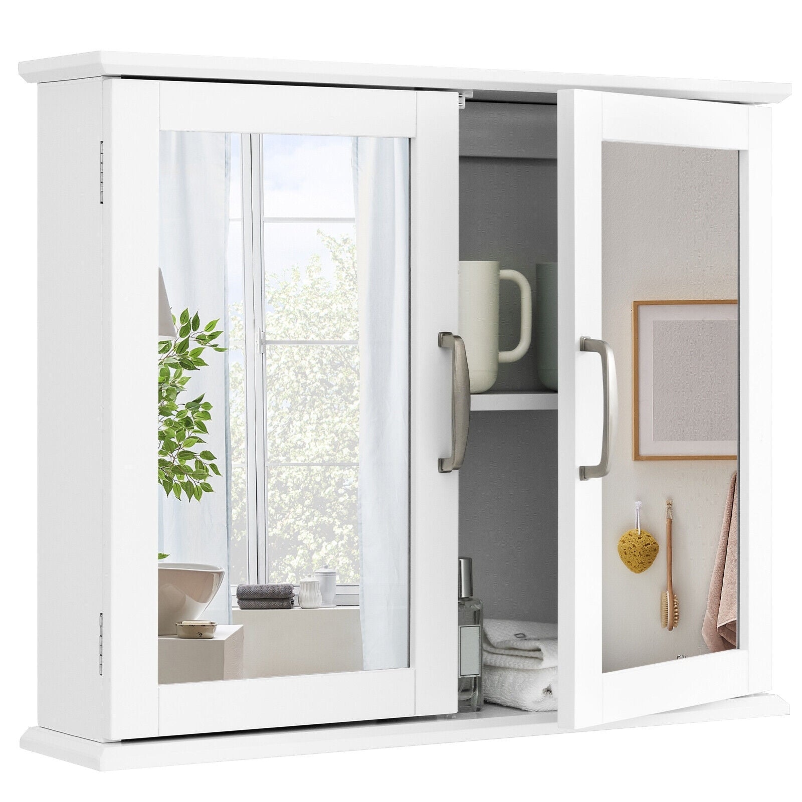 Gymax Bathroom Medicine Cabinet 2 Tier Wall Mounted Mirror Storage Cabinet W Handles