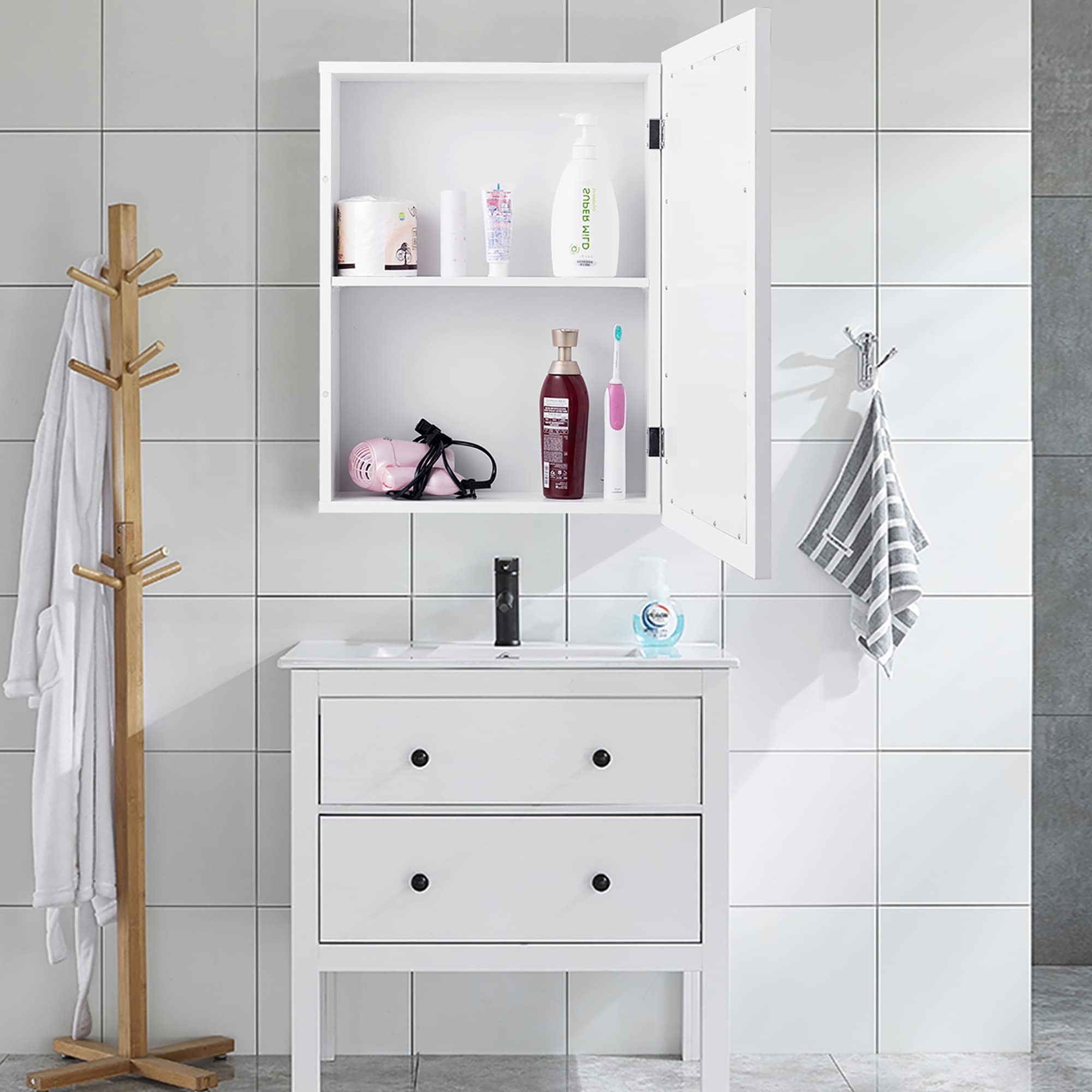Gymax Bathroom Mirror Cabinet Wall Mounted Kitchen Medicine Storage Adjustable Shelf