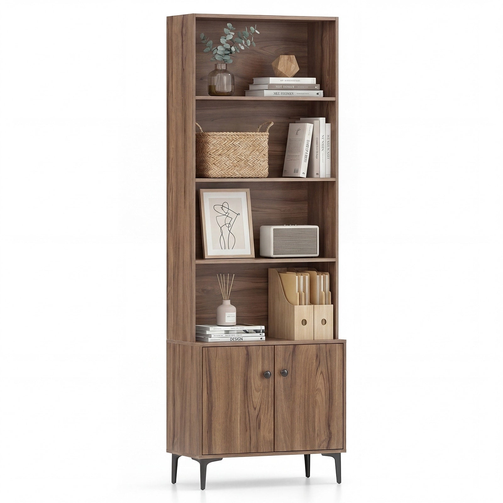 Gymax Bookshelf W Doors 5 Tier Floor Standing Bookcase W 2