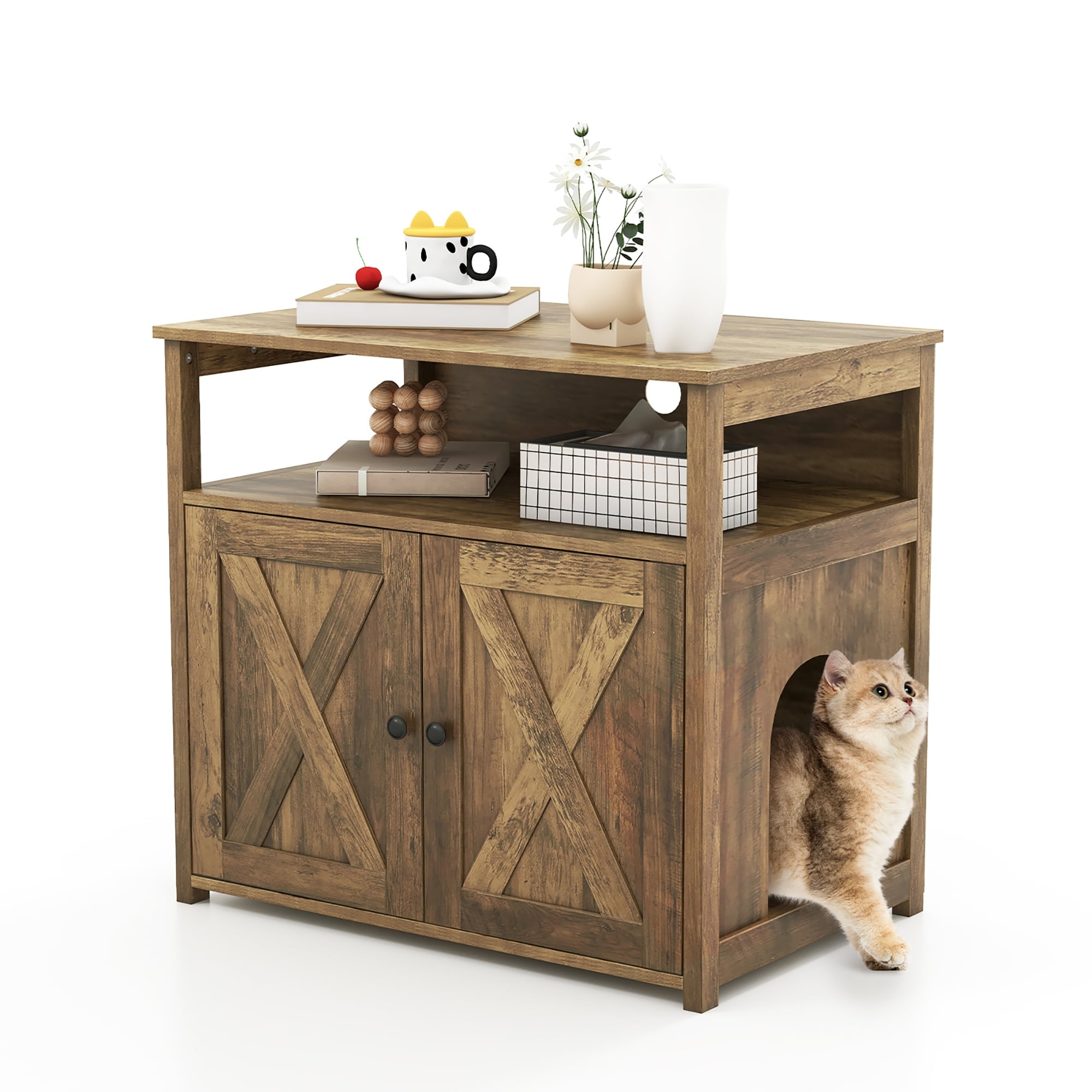 Gymax Cat Litter Box Enclosure W Double Barn Doors Divider Side Entry