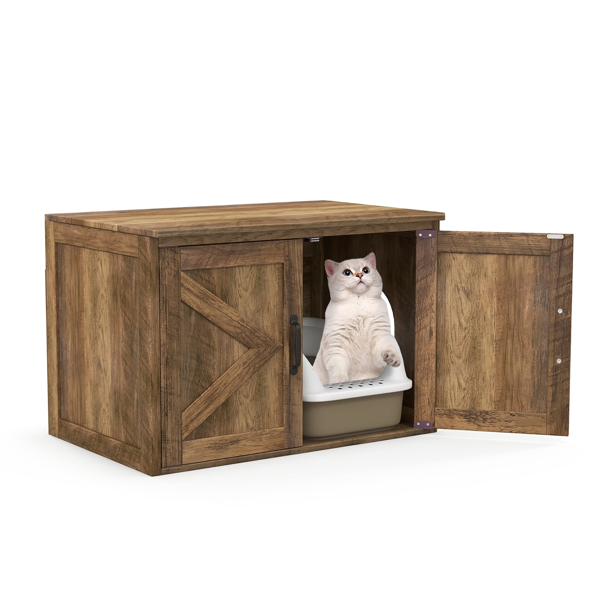 Gymax Cat Litter Box Enclosure W Double Barn Doors Removable Divider