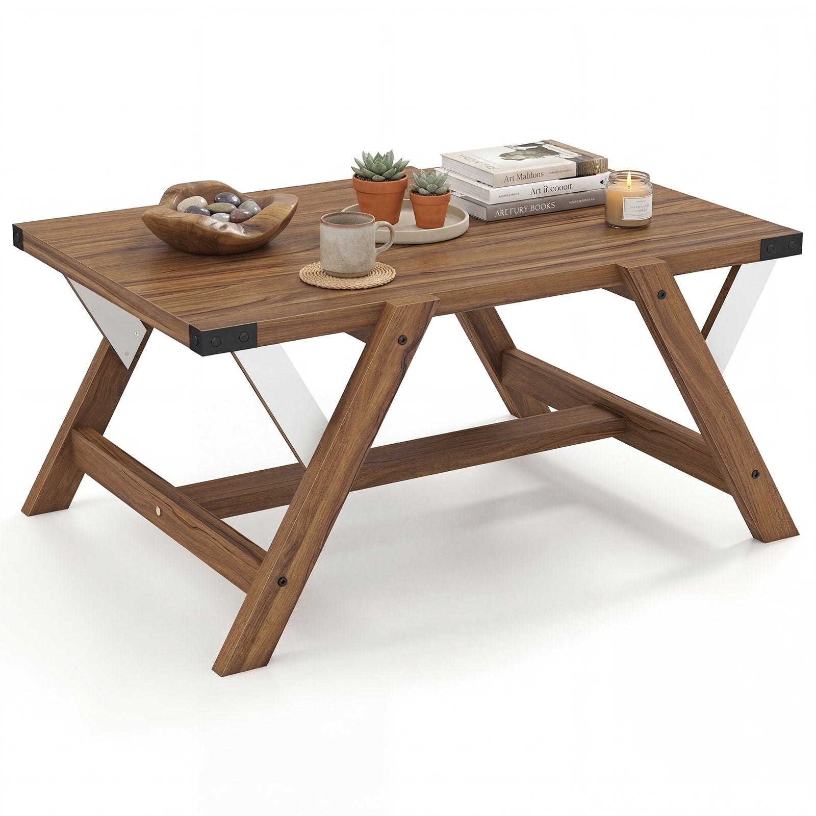 Gymax Coffee Table Farmhouse Center Wooden Table W Decorative