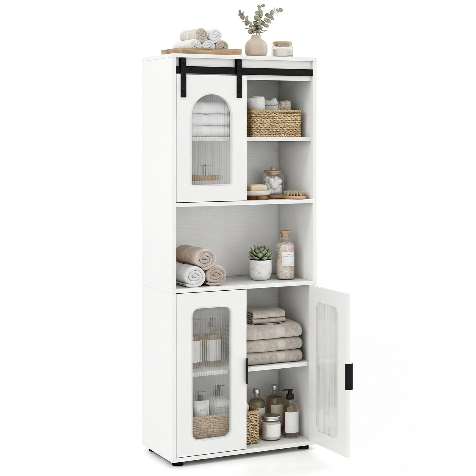 Gymax Farmhouse Bathroom Floor Cabinet 59 H Freestanding Linen Storage
