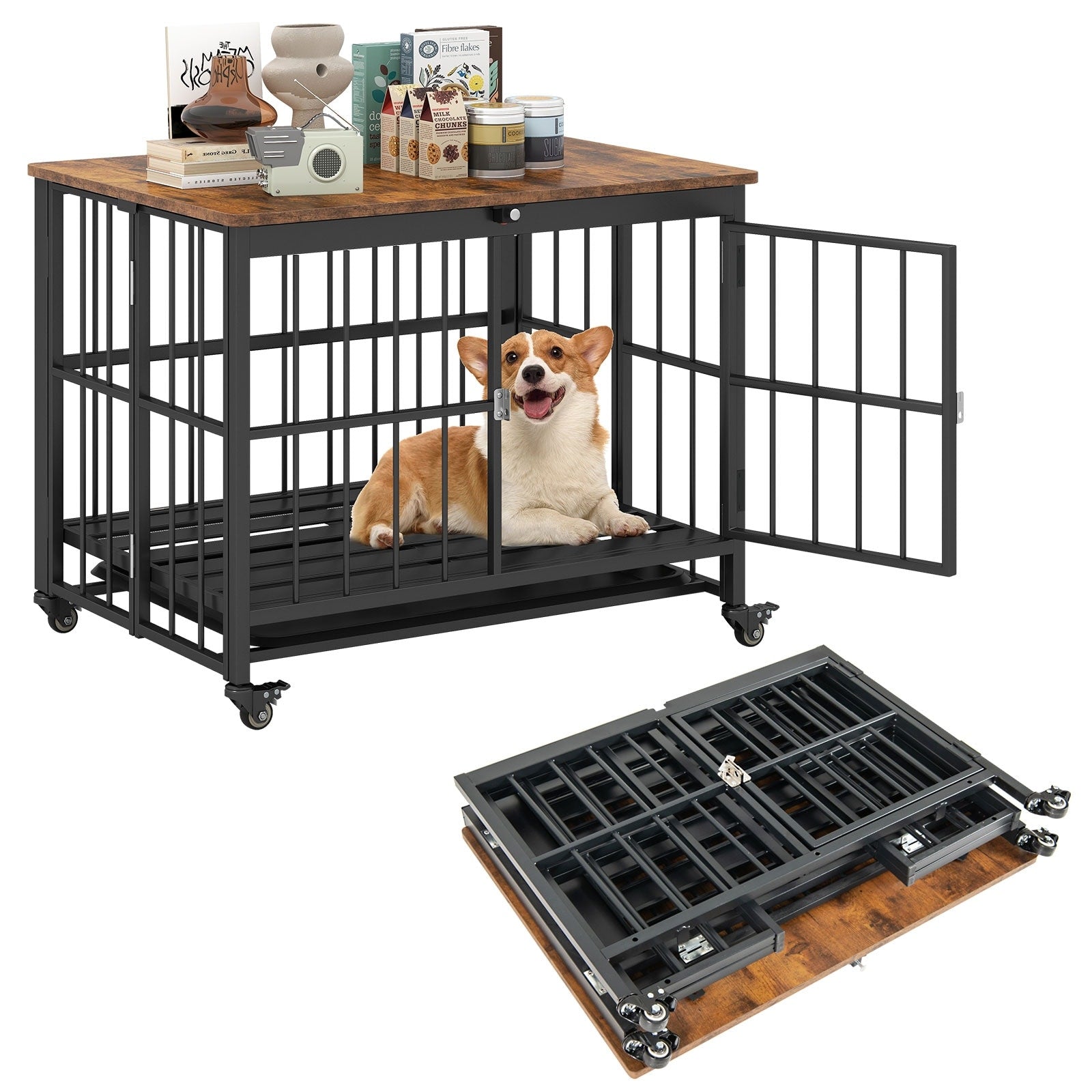 Gymax Foldable Dog Crate Furniture W Removable Tray Lockable Door