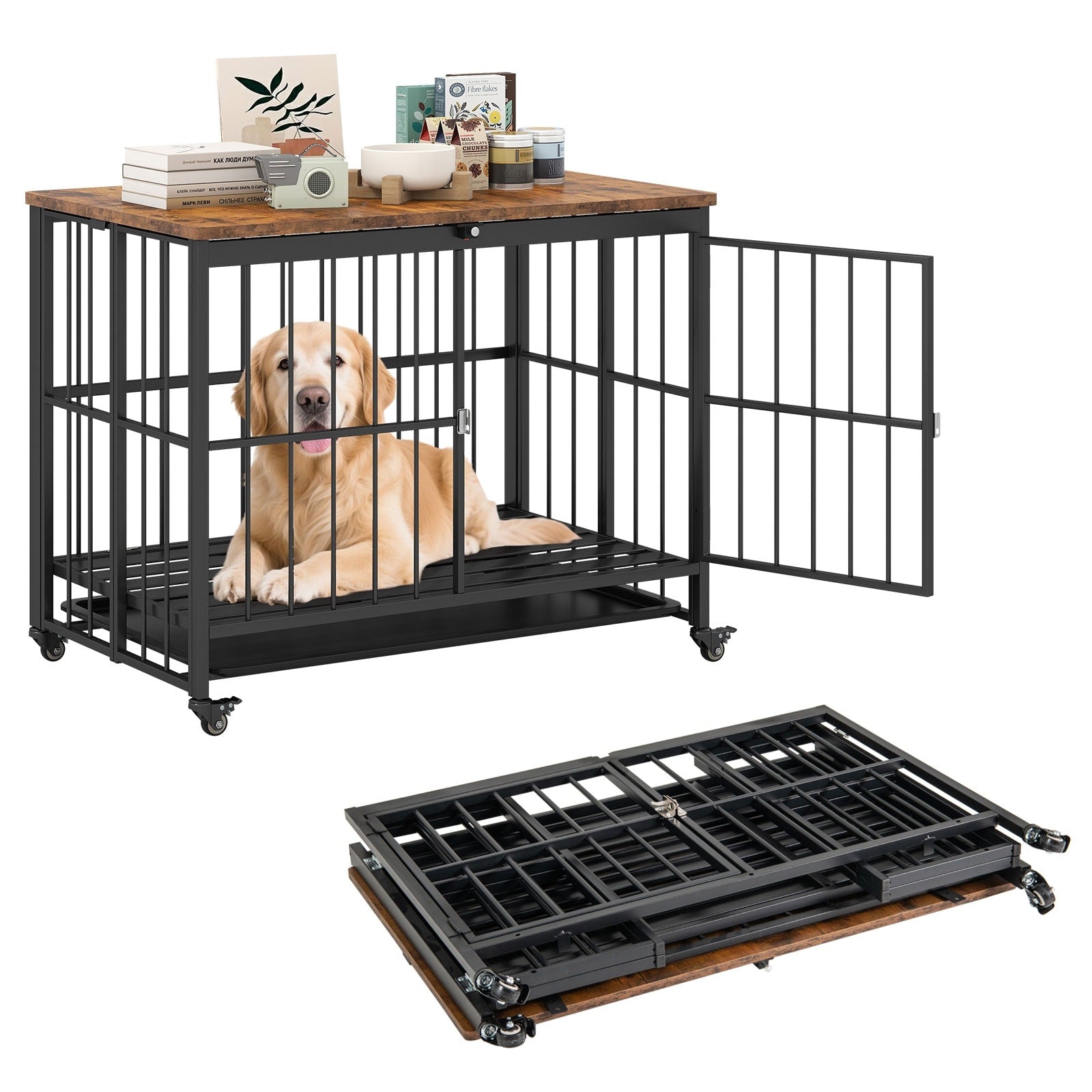 Gymax Foldable Dog Crate Furniture W Removable Tray Lockable Door