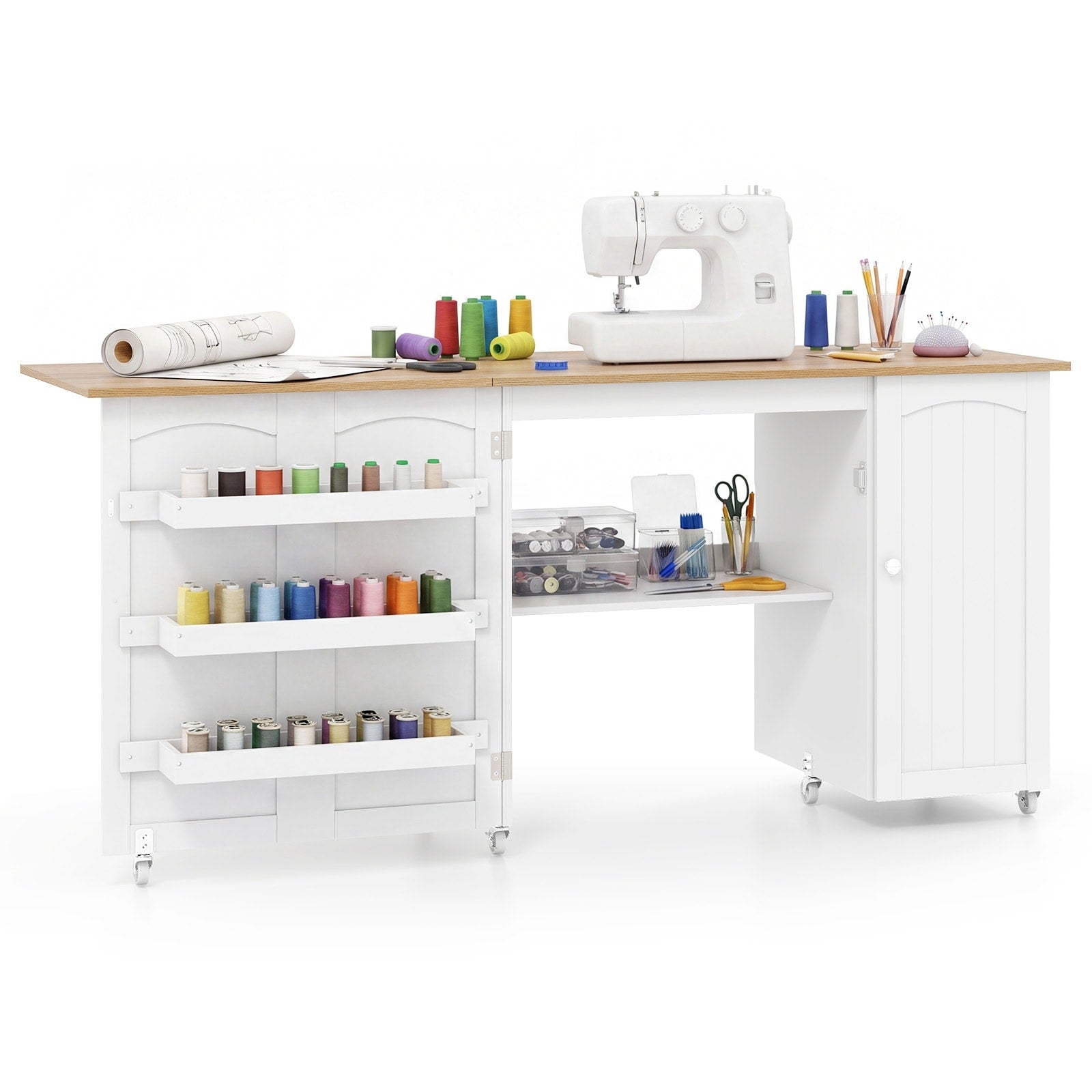 Gymax Foldable Sewing Table W Wide Countertop Storage Shelves Door