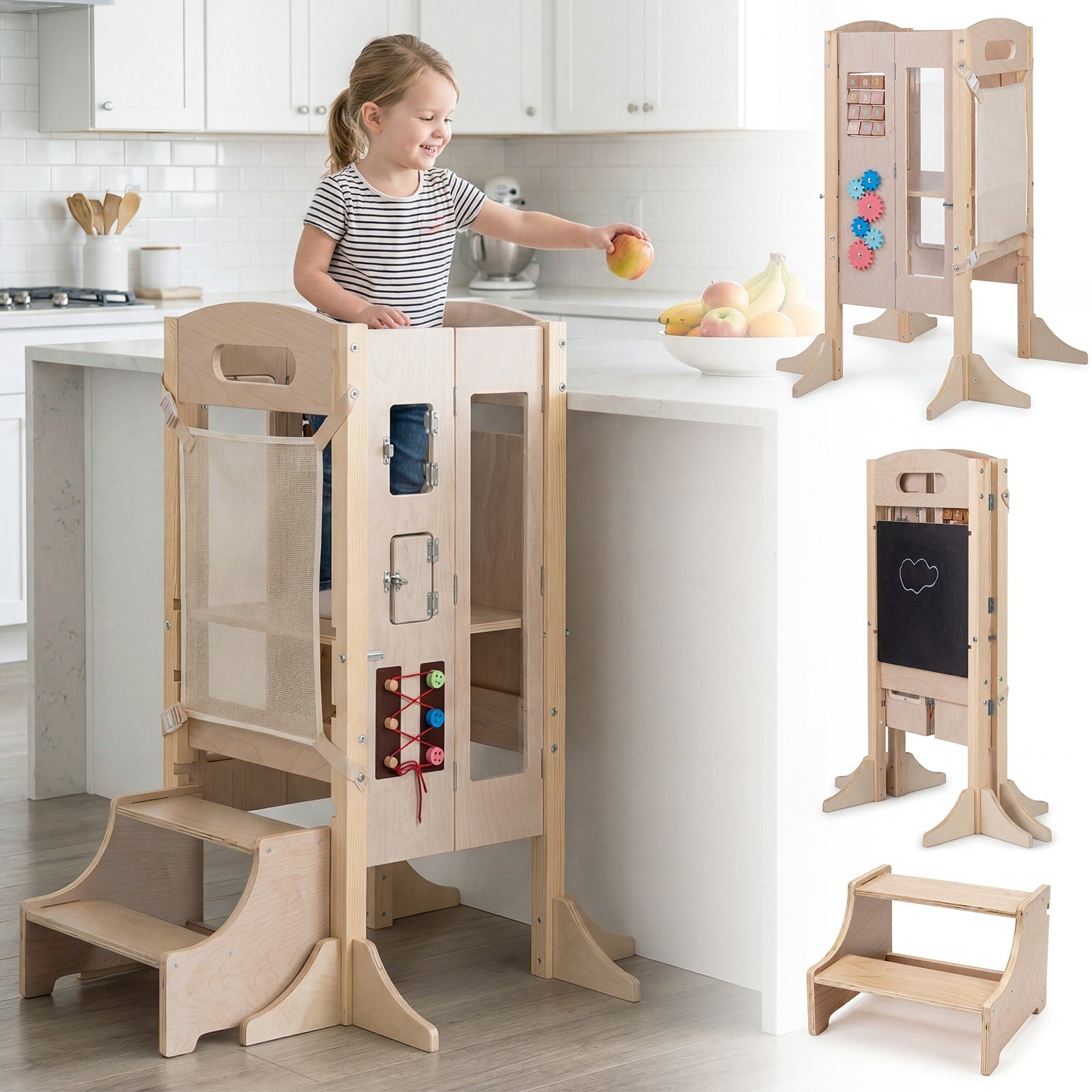 Gymax Foldable Toddler Step Stool Wooden Kitchen Standing Tower W Natural