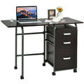 Gymax Folding Computer Laptop Desk Wheeled Home Office Furniture W 3 Drawers Brown