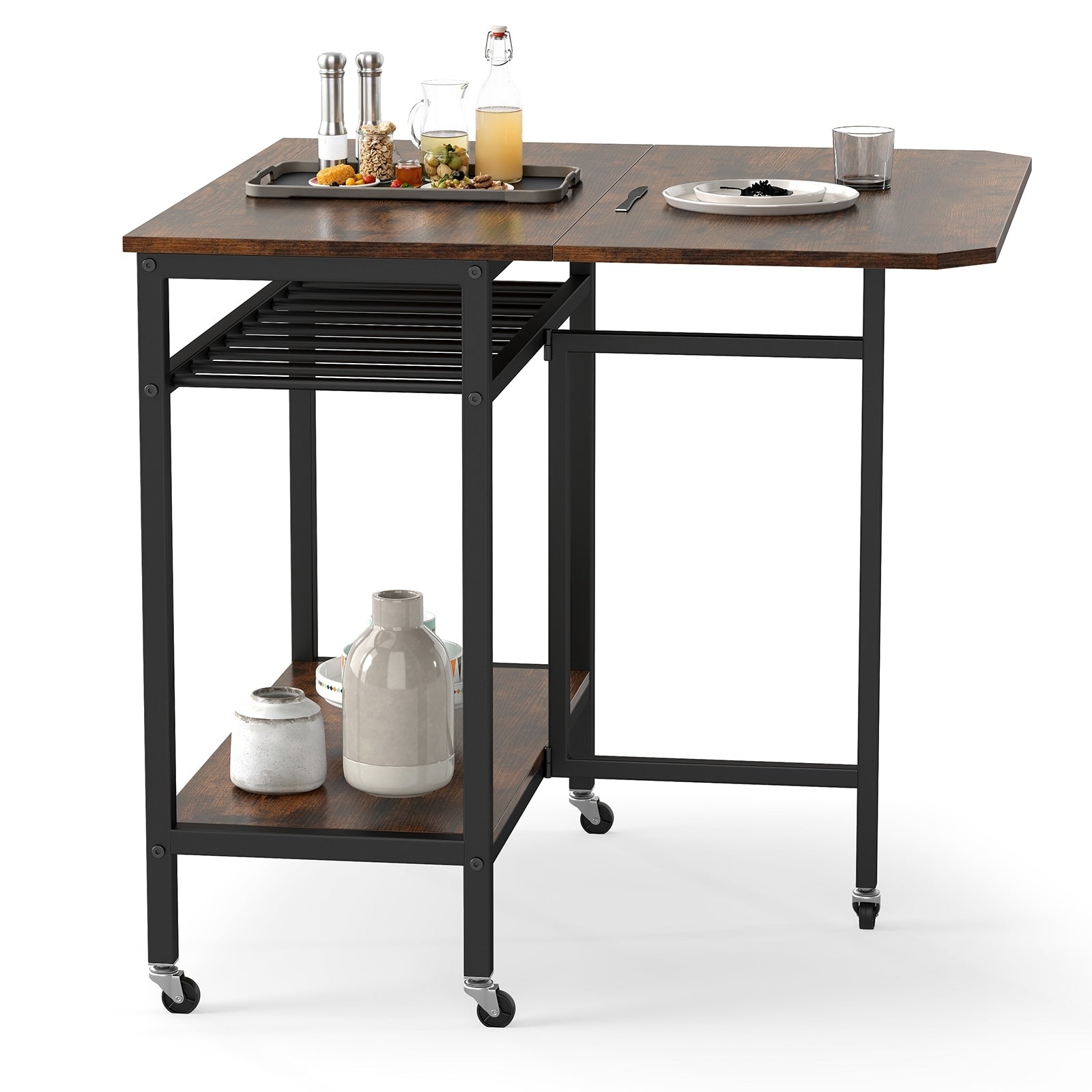 Gymax Folding Dining Table Movable Kitchen Table W Wine Rack Storage