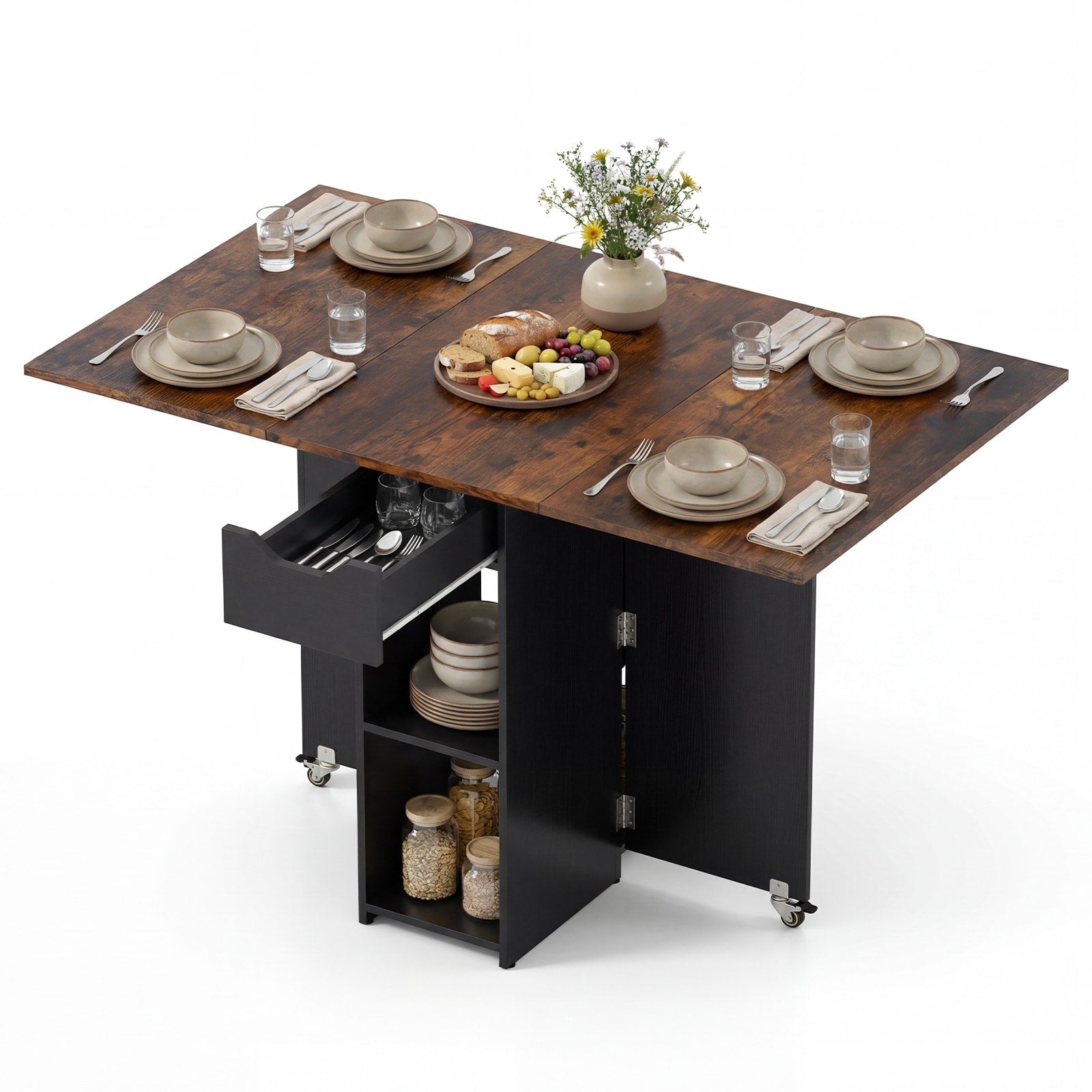 Gymax Folding Dining Table W 2 Open Shelves Drawer 2 Lockable