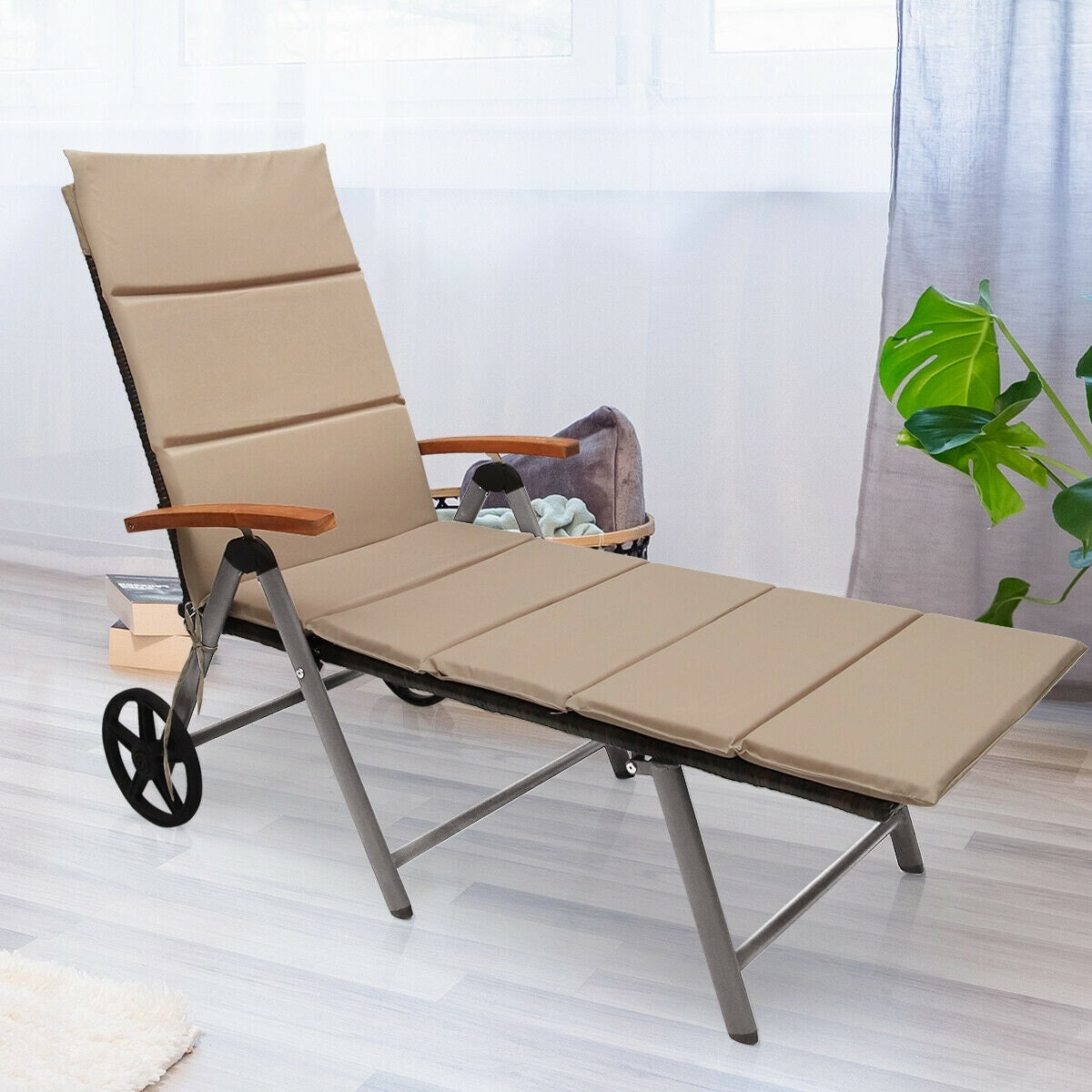 Gymax Folding Patio Rattan Lounge Chair Chaise Cushioned Aluminum