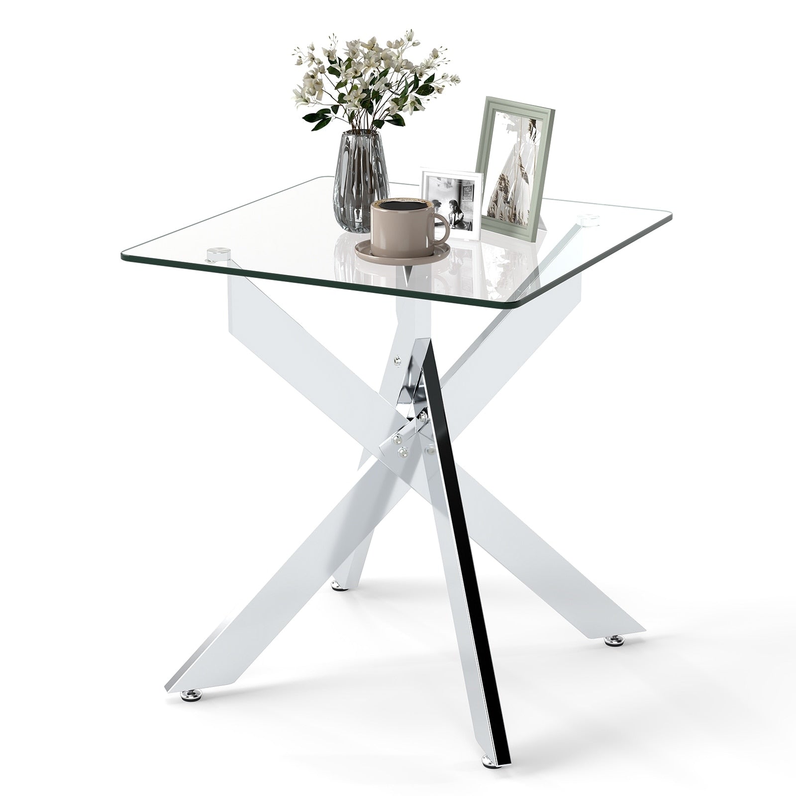 Gymax Glass Side Table Square End Table W Tempered Glass Top Metal X