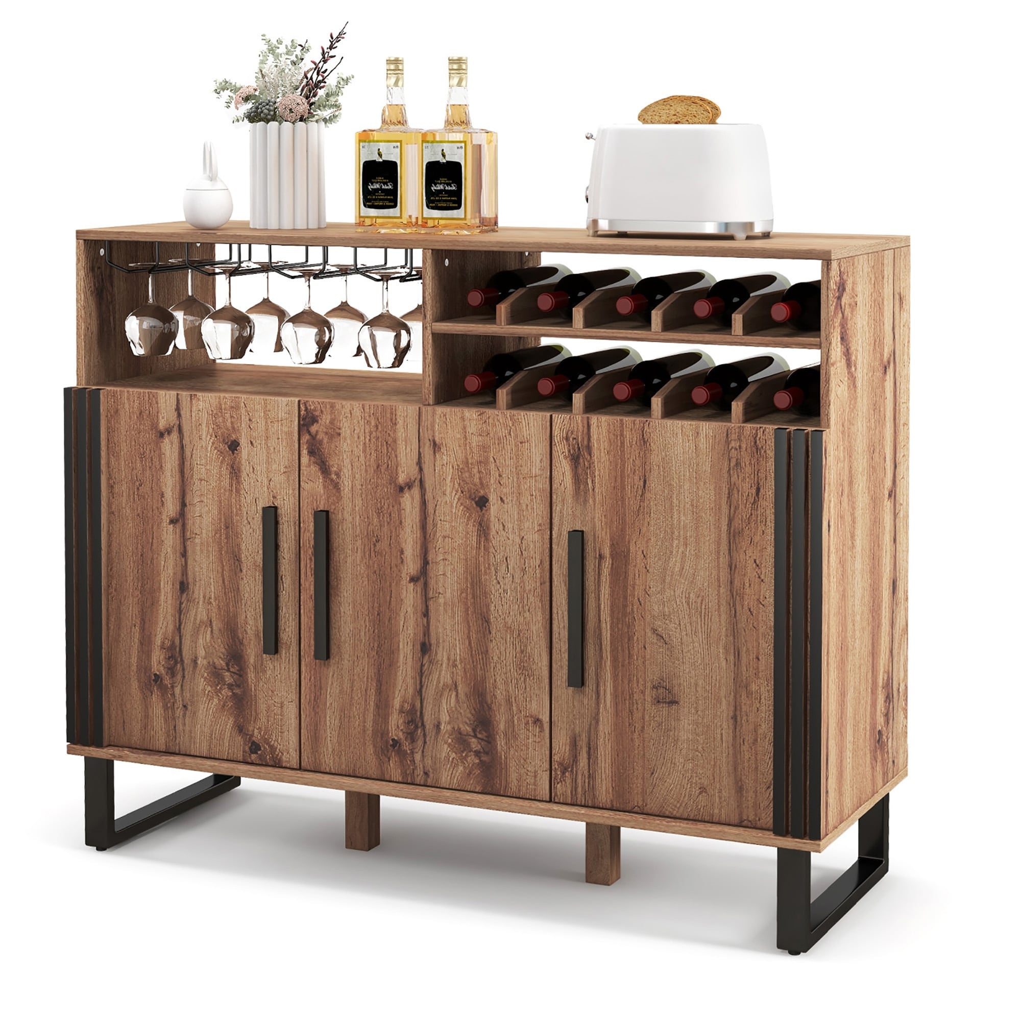 Gymax Home Wine Bar Cabinet W 3 Doors Adjustable Shelves 2 Tier