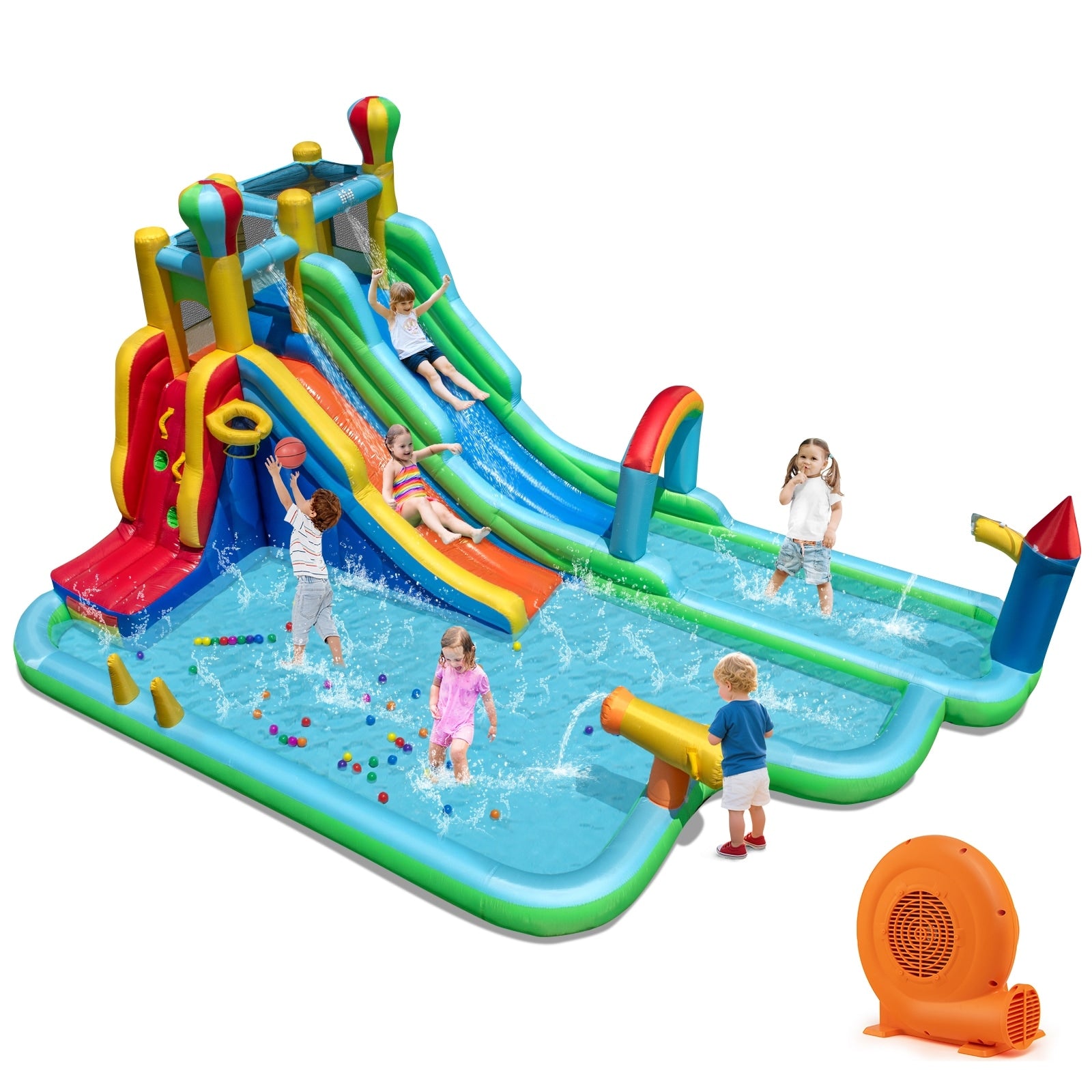 Gymax Inflatable Water Park W Climbing Wall Basketball Rim Splash Pool Multicolor