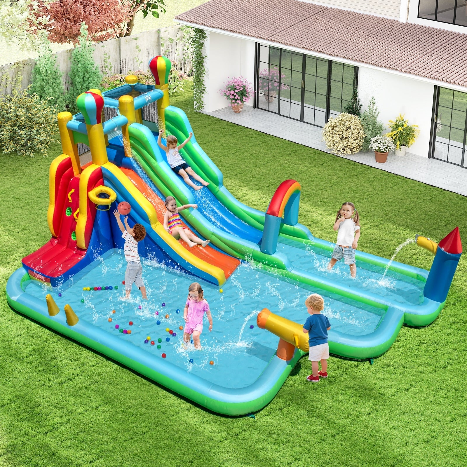Gymax Inflatable Water Park W Climbing Wall Basketball Rim Splash Pool Multi Color