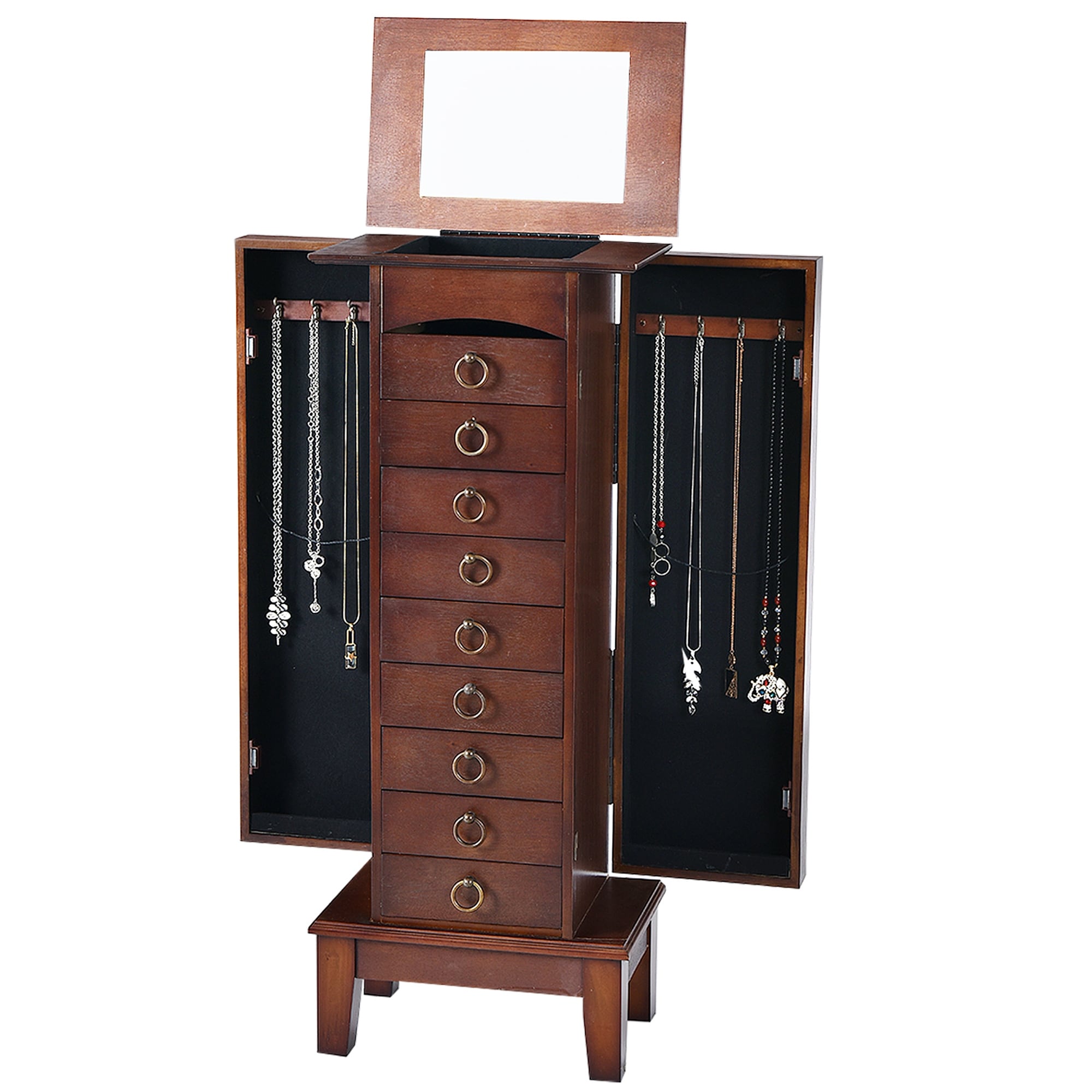 Gymax Jewelry Cabinet Armoire Wood Storage Box Chest Stand Organizer Walnu