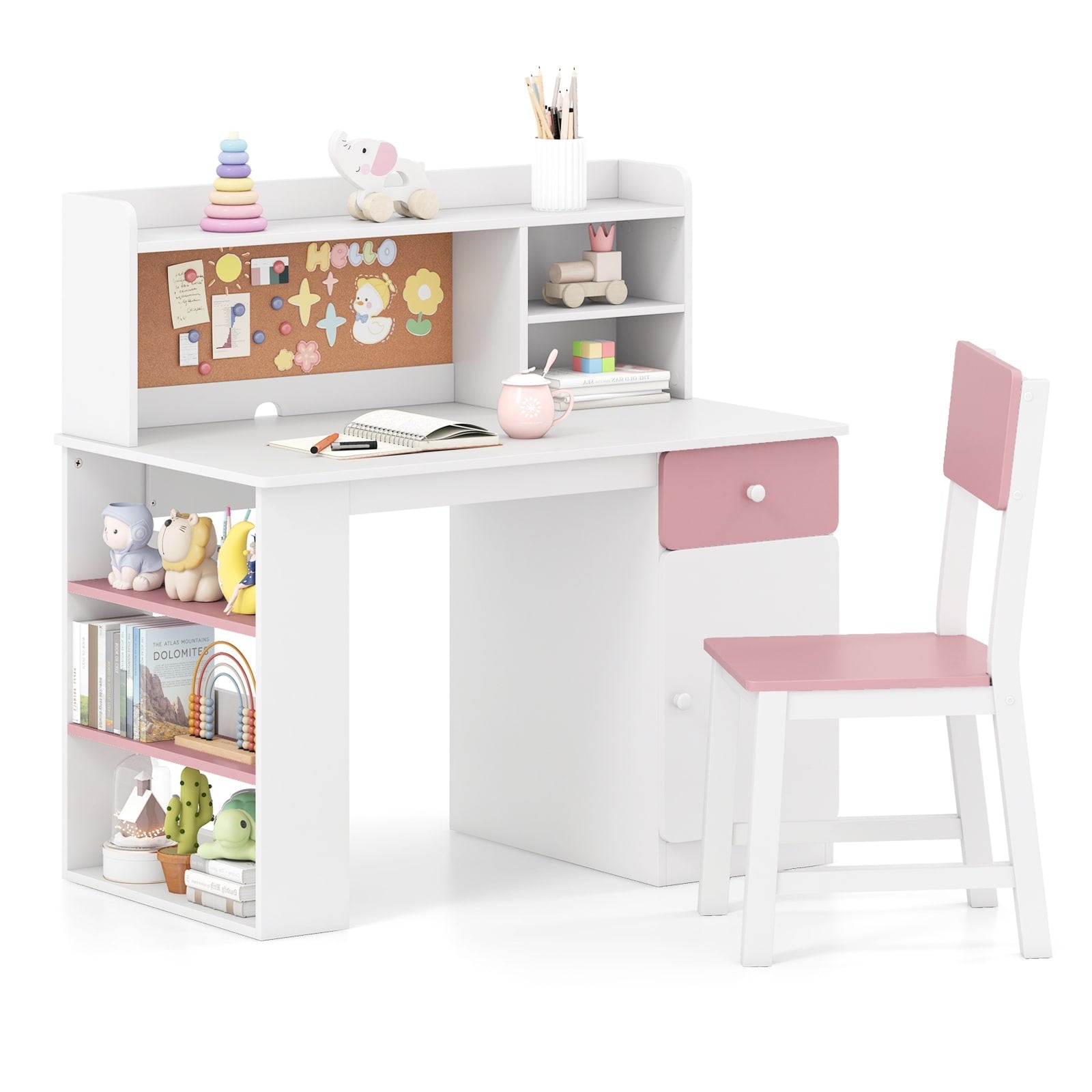 Gymax Kids Desk Chair Set W Chair Hutch 3 Layer Side Shelf Storage
