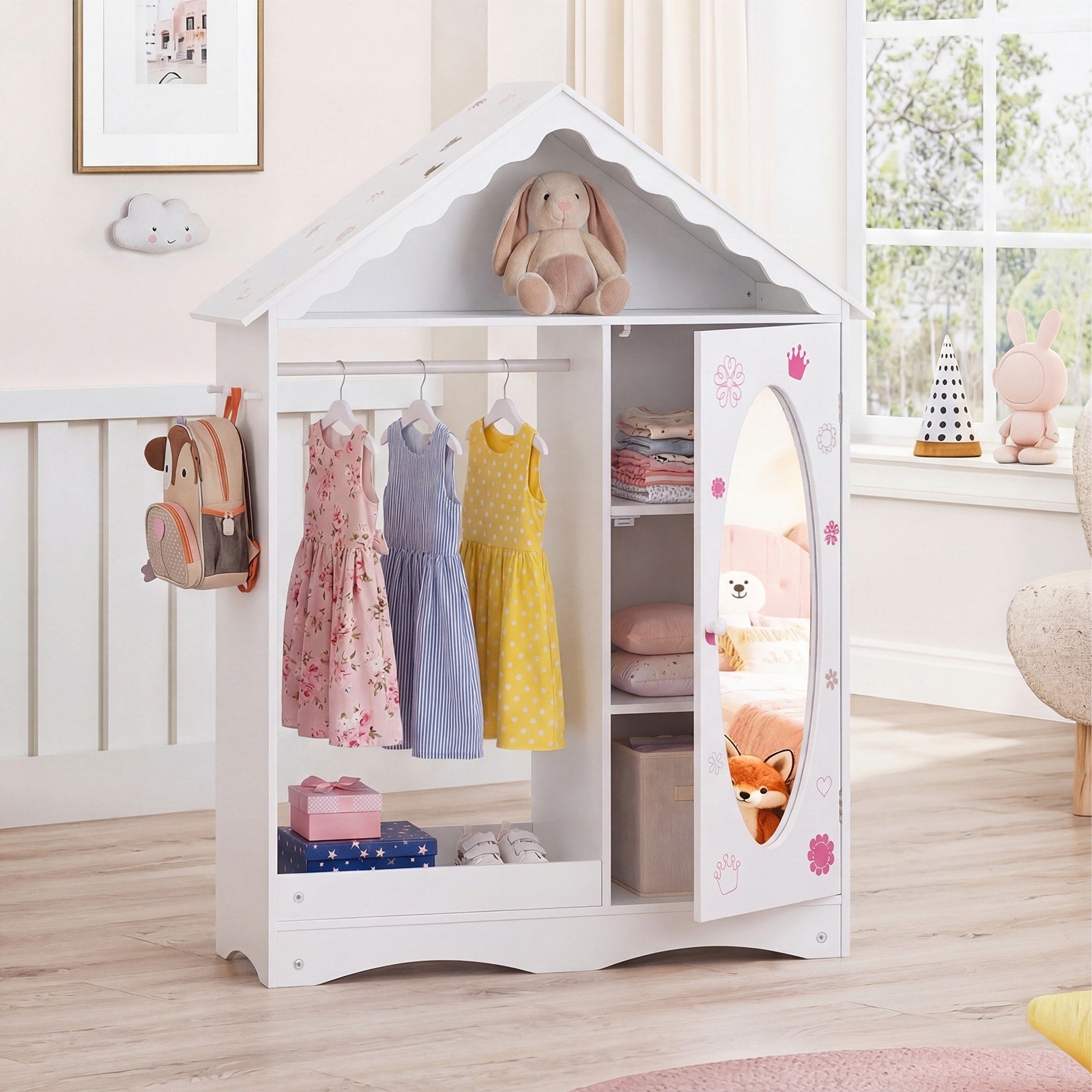 Gymax Kids Dress Up Storage W Mirror Roofed Wardrobe Closet W Open