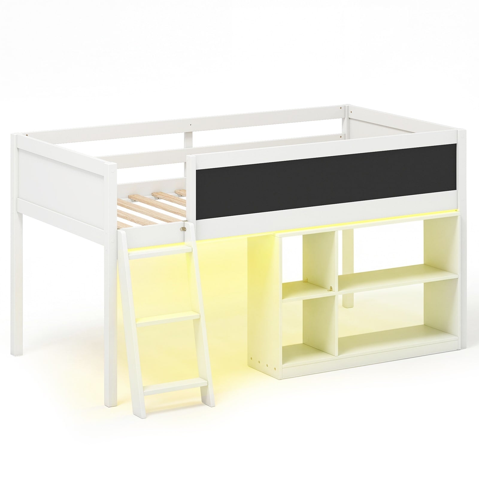 Gymax Kids Loft Bed W Led Lights Chalkboard Removable Bookcase