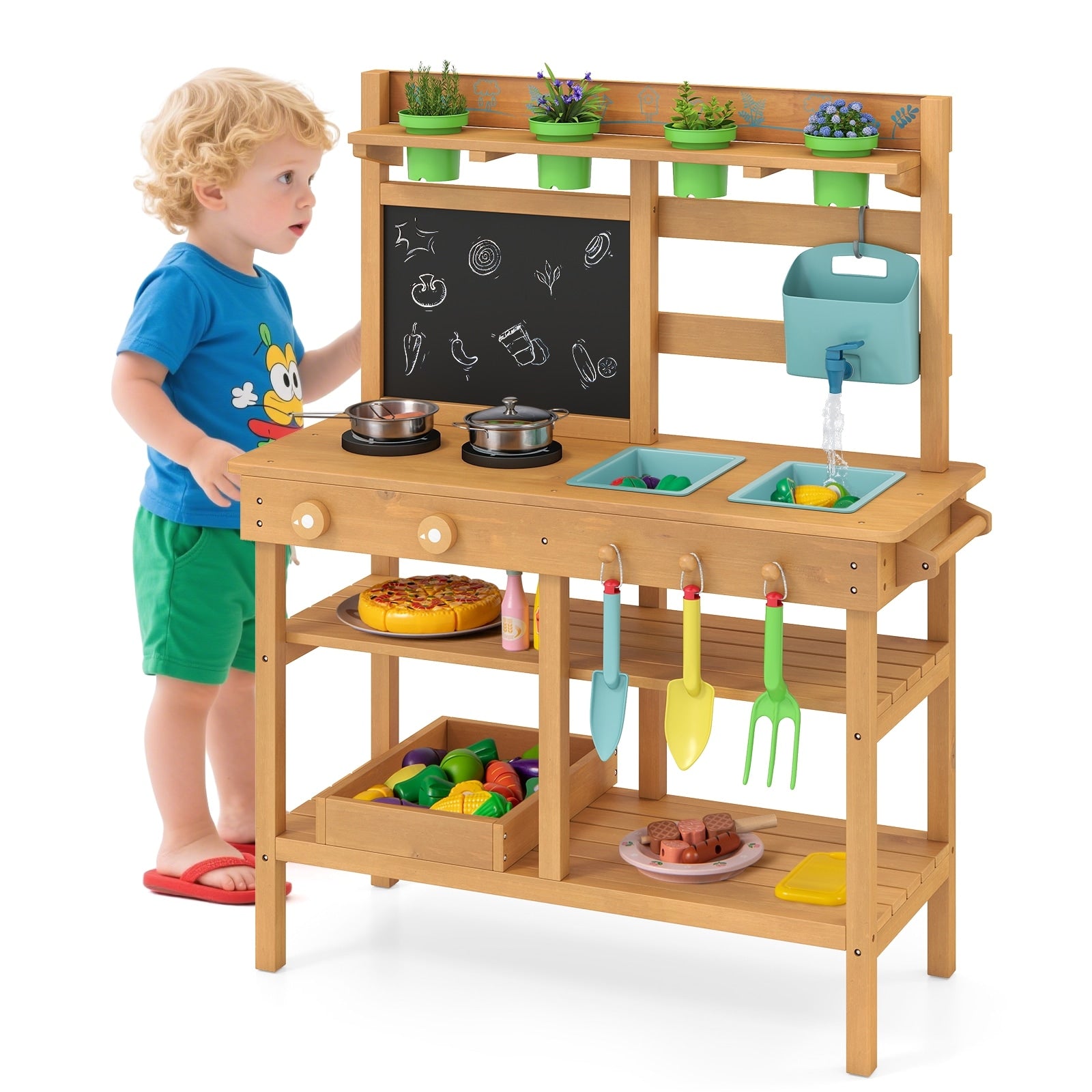 Gymax Kids Mud Kitchen W Faucet Removable Sinks Chalkboard Stovetops
