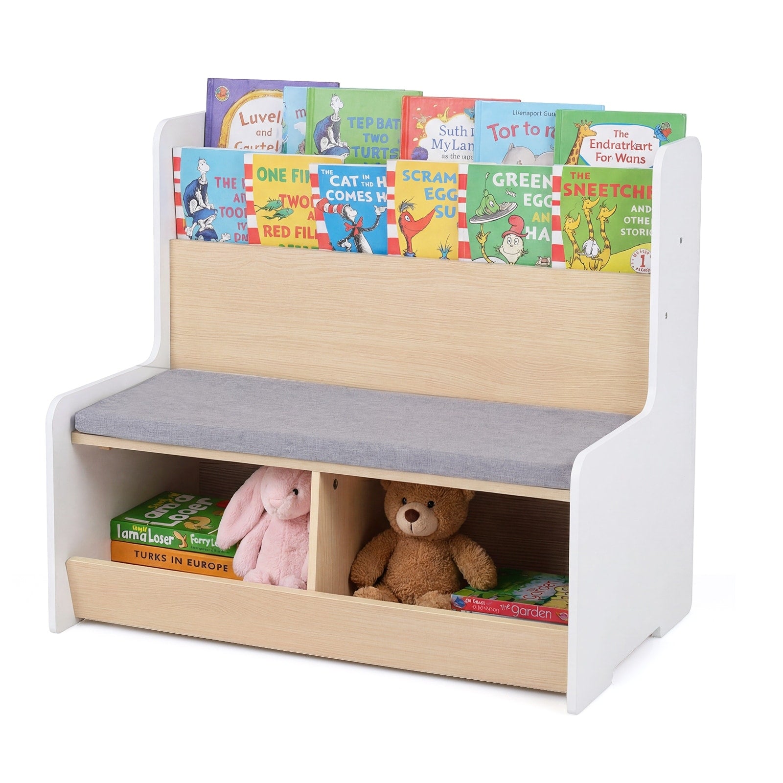 Gymax Kids Reading Nook W Bench Bookshelf 2 Cubbies Removable Padded