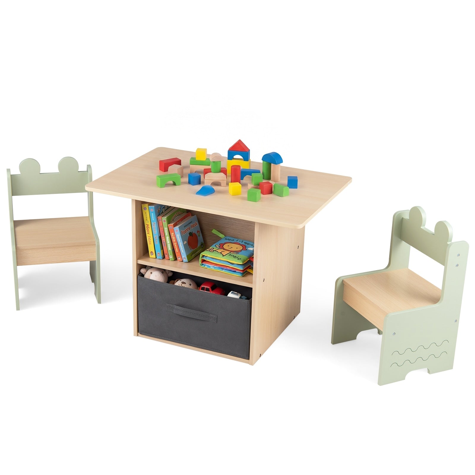 Gymax Kids Table Chairs Set W 2 Open Compartments Fabric Drawer For