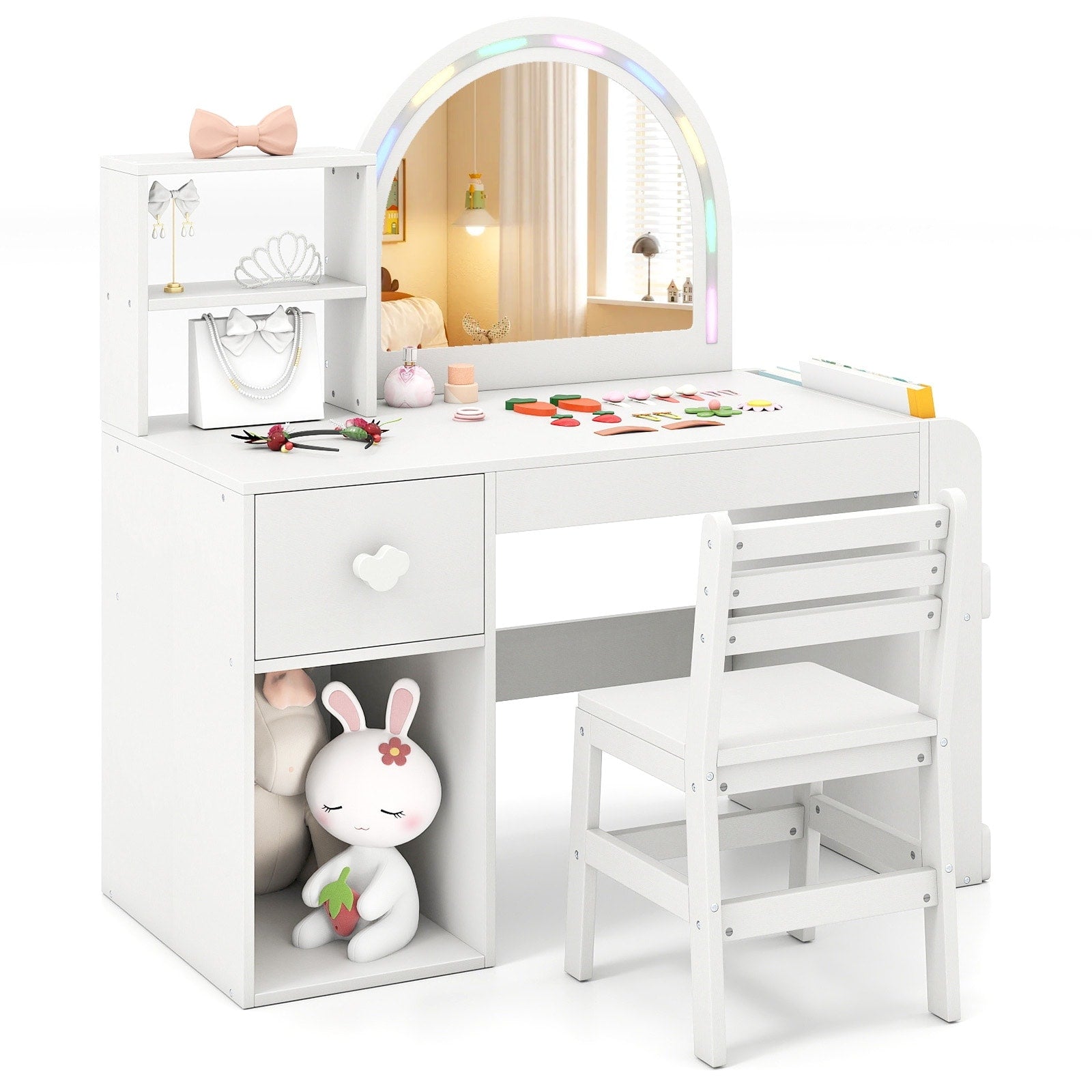 Gymax Kids Vanity Desk W Lights Open Bookshelf Storage Drawer