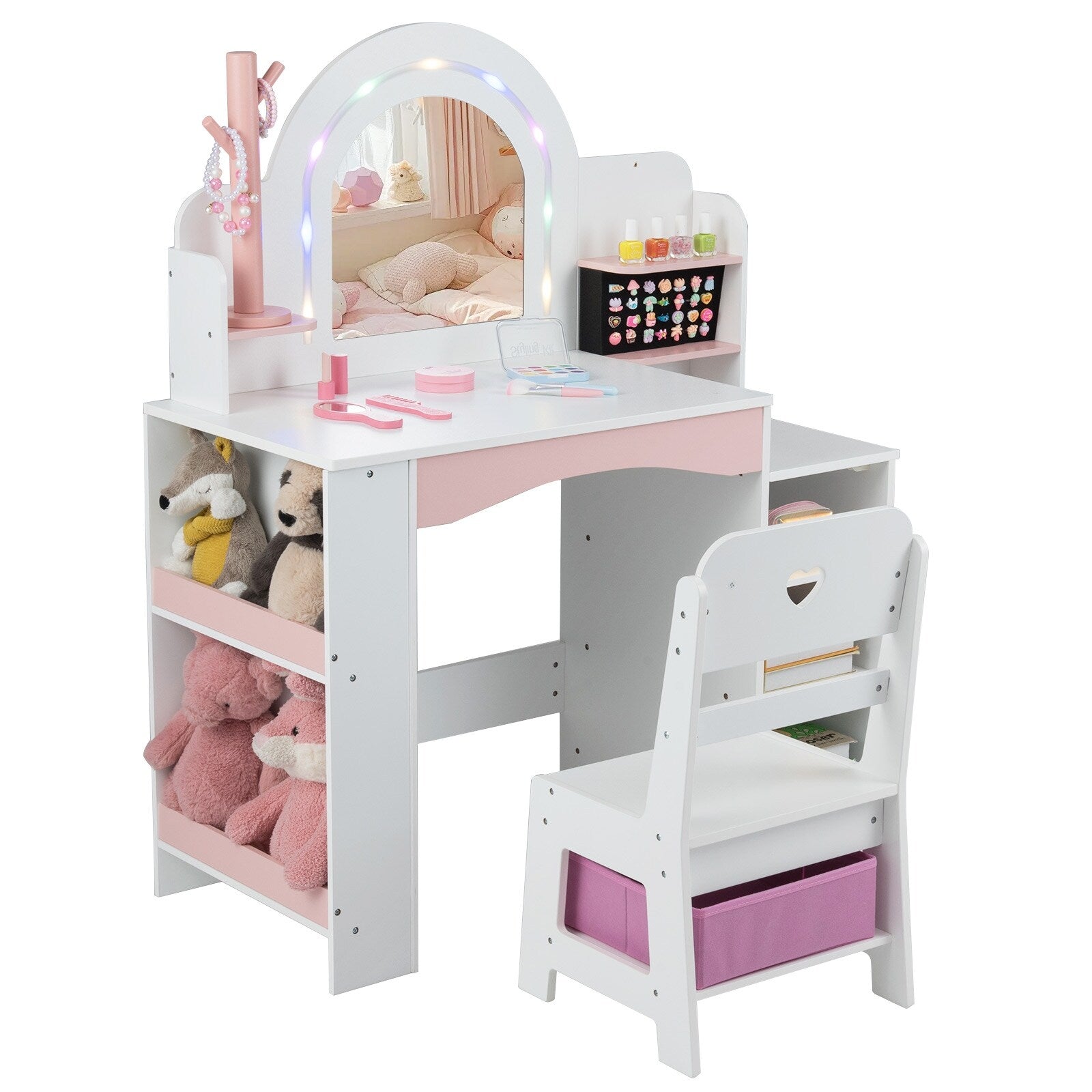 Gymax Kids Vanity Desk W Mirror Lights Princess Pretend Play Makeup