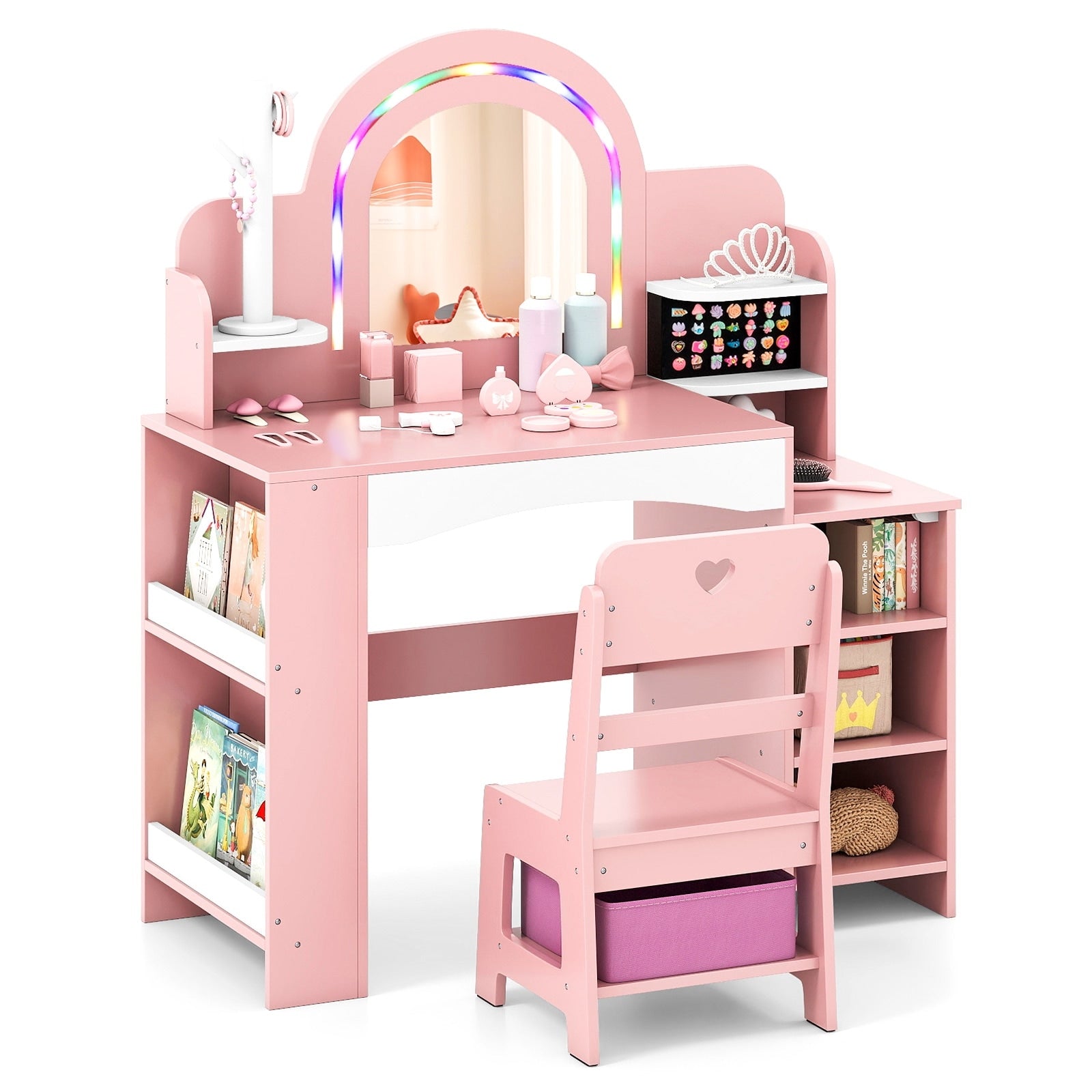 Gymax Kids Vanity Desk W Mirror Lights Princess Pretend Play Makeup