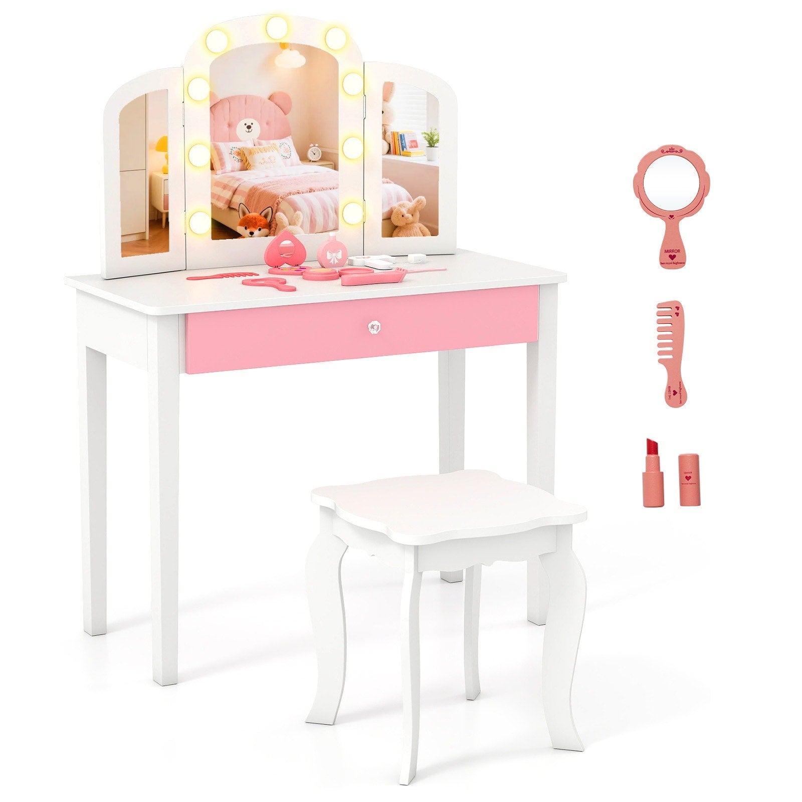 Gymax Kids Vanity Table Set 2 In 1 Princess Makeup Dressing Desk