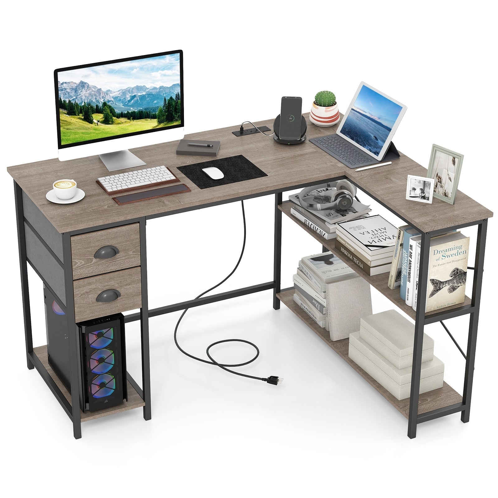 Gymax L Shaped Desk Corner Computer Desk W 2 Fabric Drawers Charging