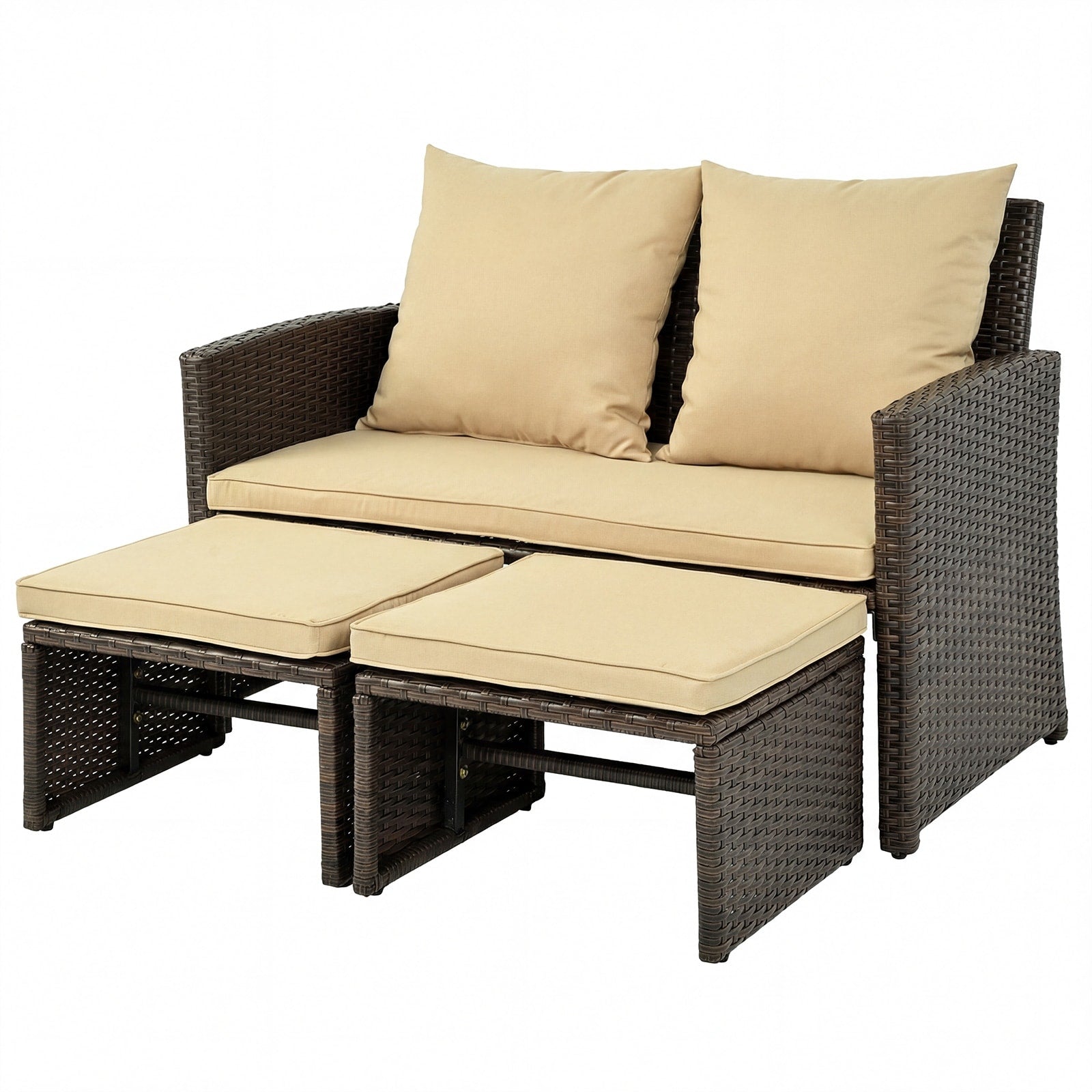 Gymax Loveseat W Ottomans Set Of 3 Patio Pe Wicker Furniture Set W