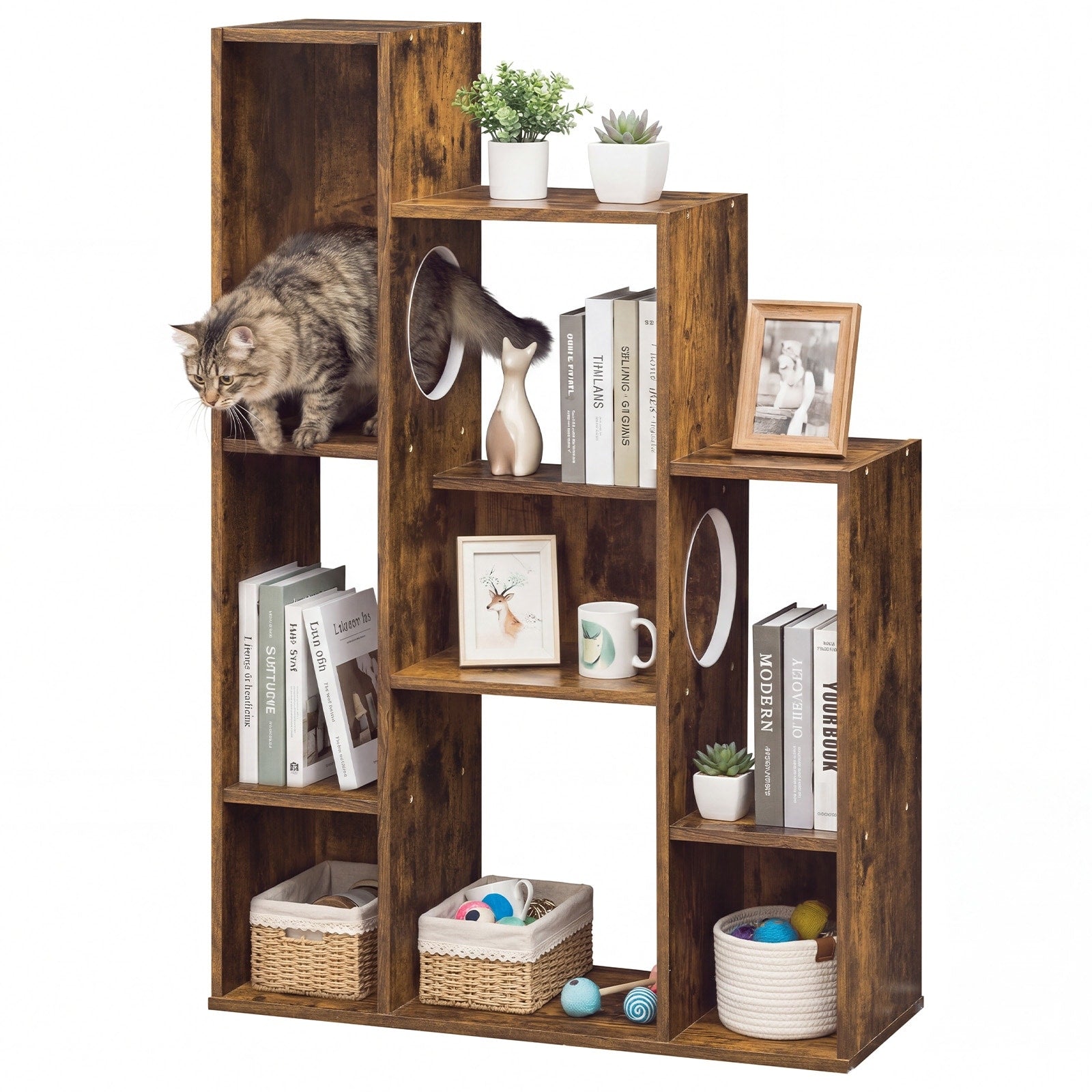 Gymax Modern Cat Bookshelf W 2 Round Holes Anti Tipping Device For