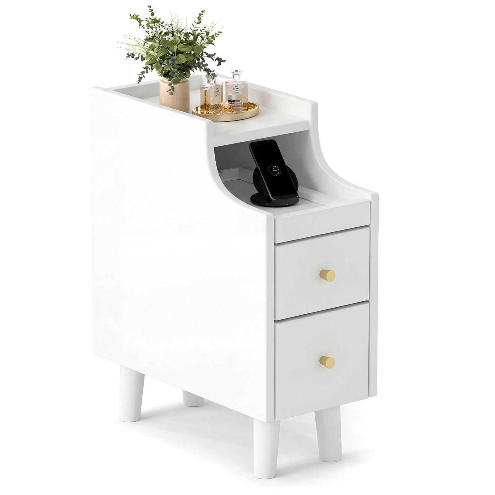 Gymax Narrow Nightstand Solid Wood End Table W Pull Out Tray 2 1 Pcs