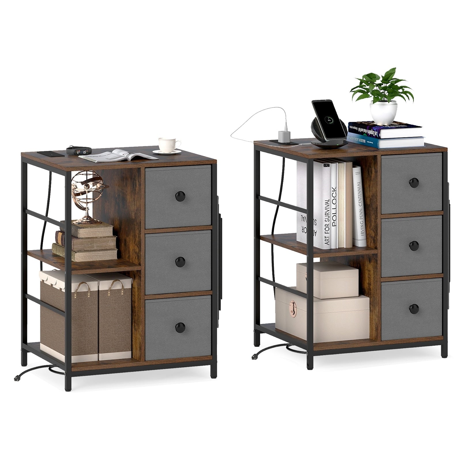 Gymax Nightstand 2 Pcs 3 Tier Storage End Table Bedside Table With