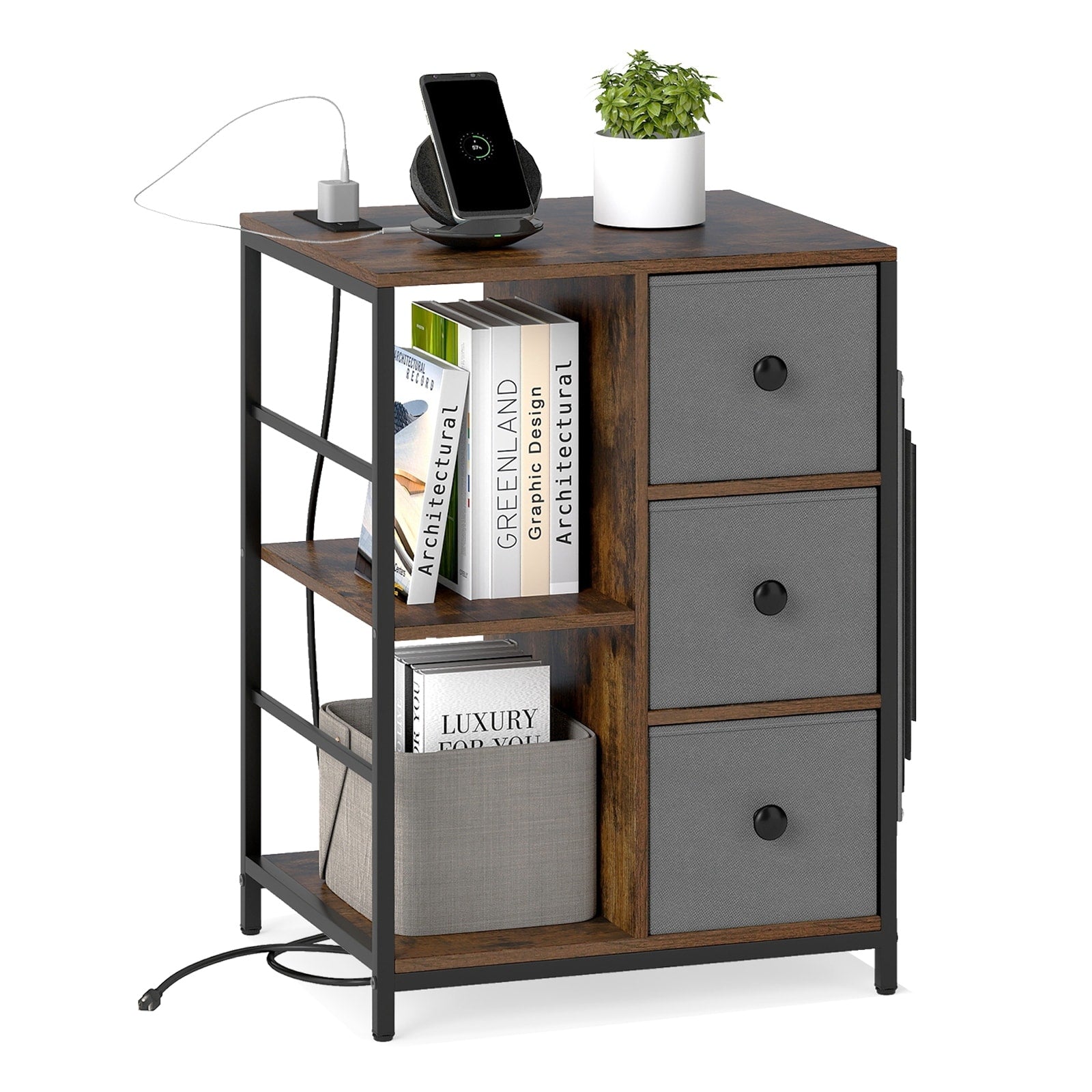Gymax Nightstand 3 Tier Storage End Table Bedside Table With Charging