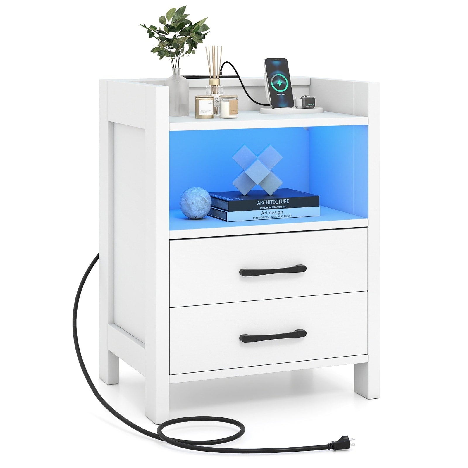 Gymax Nightstand W Led Lights Charging Station 23.5 Smart Bedside 1 Pcs