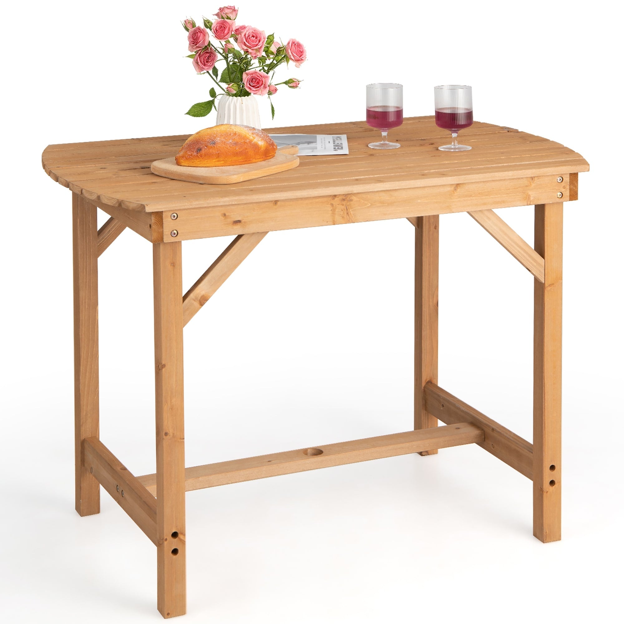 Gymax Outdoor Fir Wood Dining Table 1.5 Umbrella Hole Yard Garden
