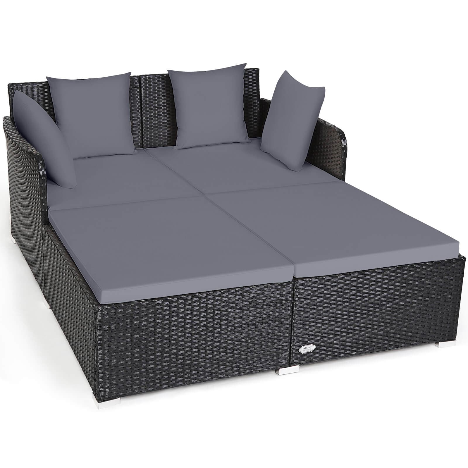 Gymax Outdoor Rattan Daybed Pillows Cushioned Sofa Furniture Patio