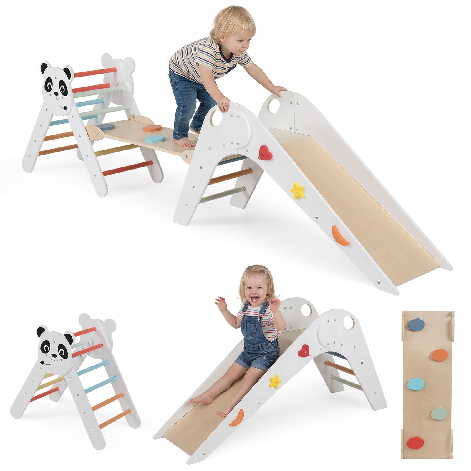 Gymax Panda Themed Wood Montessori Climbing Set W Slide Ramp Ladder