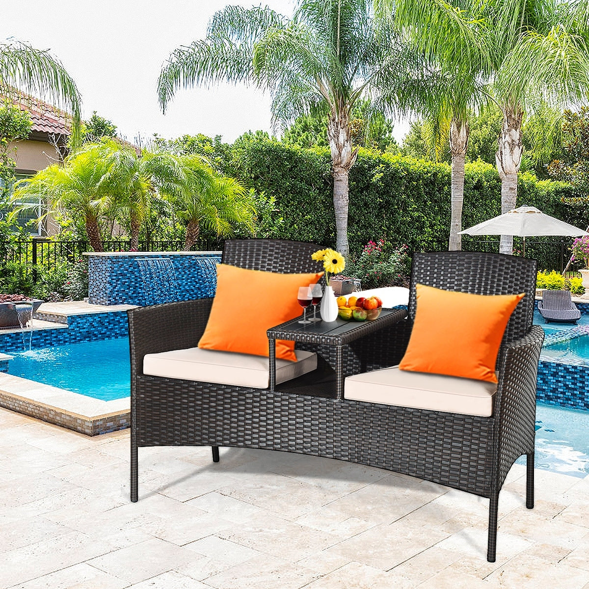 Gymax Patented Cushioned Rattan Wicker Patio Conversation Set Loveseat