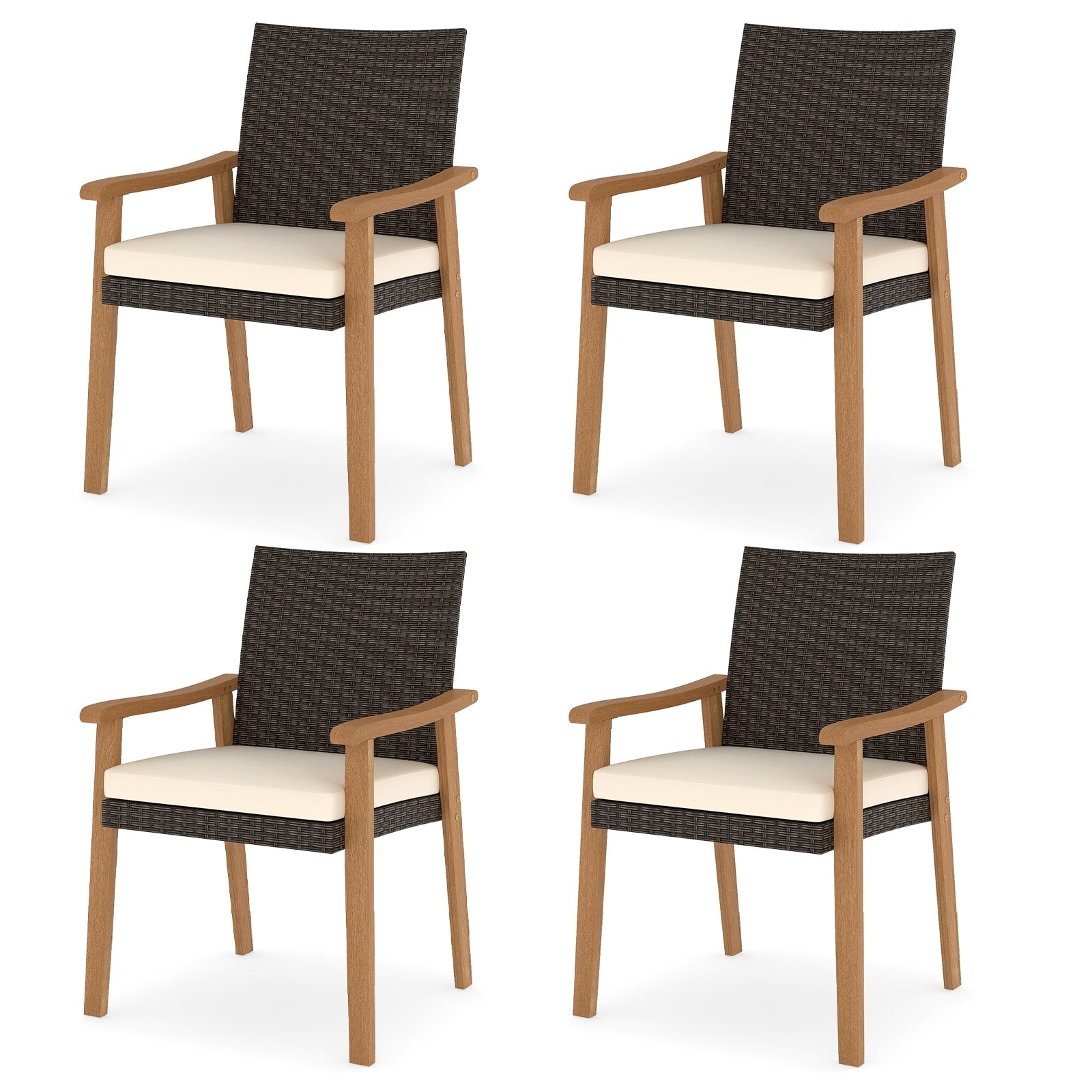 Gymax Patio Dining Chair 4 Pcs W Cushion Wood Armrests Metal Frame For