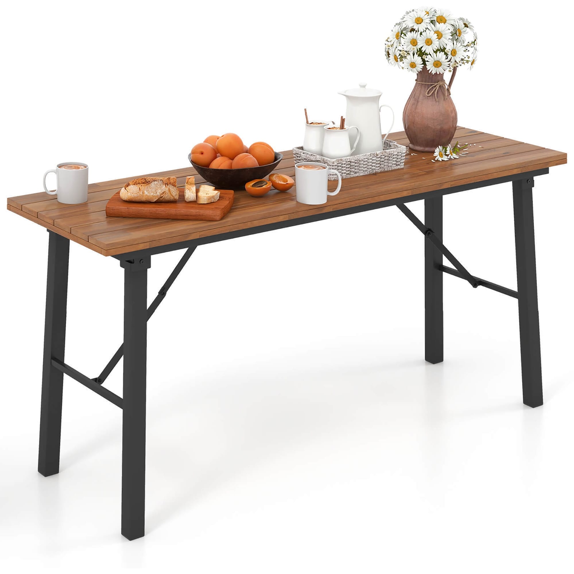 Gymax Patio Folding Picnic Table Acacia Wood Dining Table W Metal