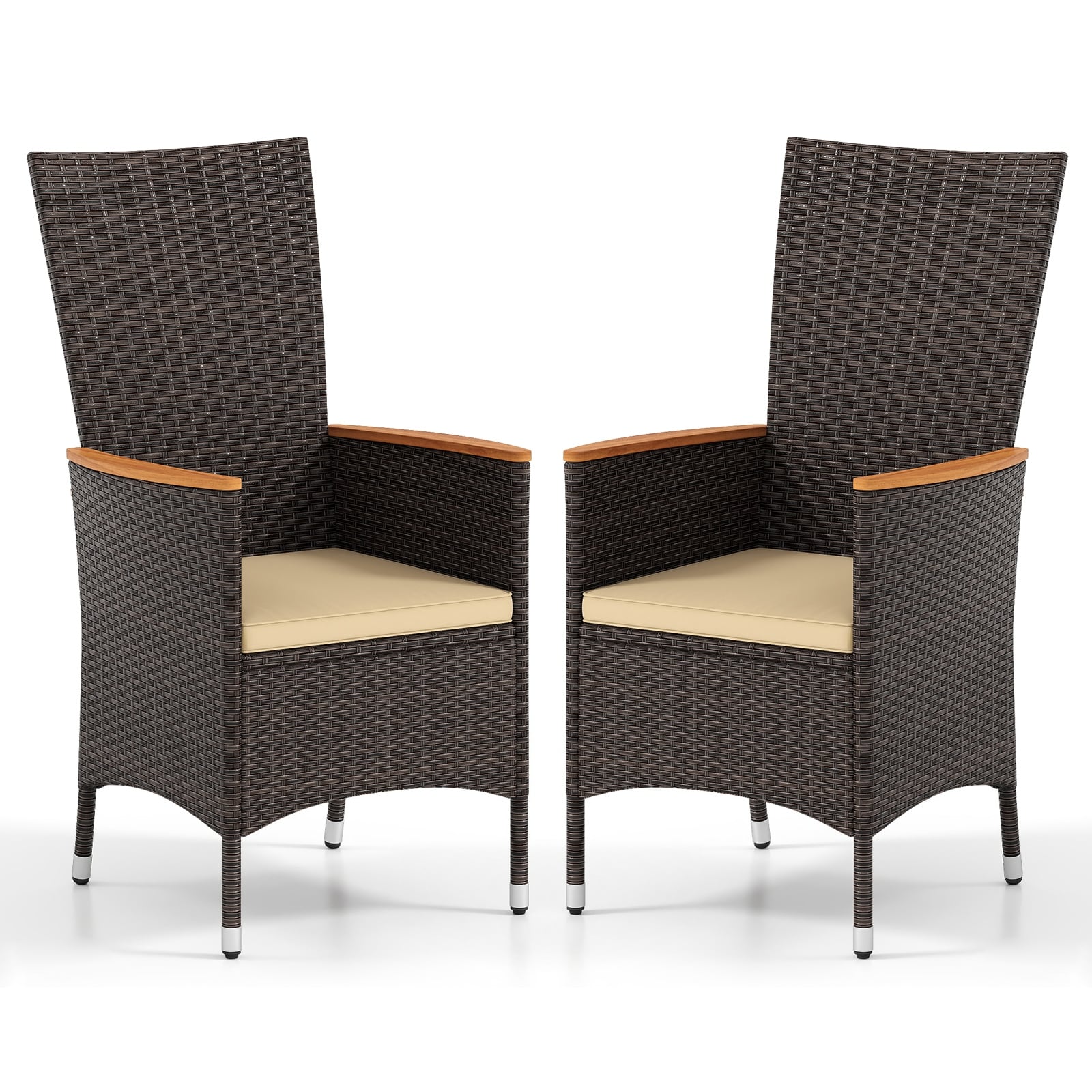 Gymax Patio Rattan Chairs 2 Pcs W High Backrest Acacia Wood Armrests
