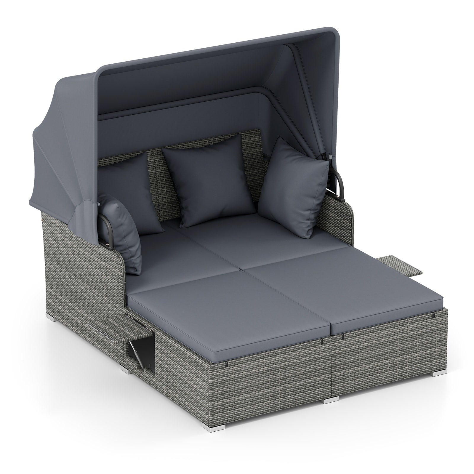 Gymax Patio Rattan Daybed Lounge Retractable Top Canopy Side Tables