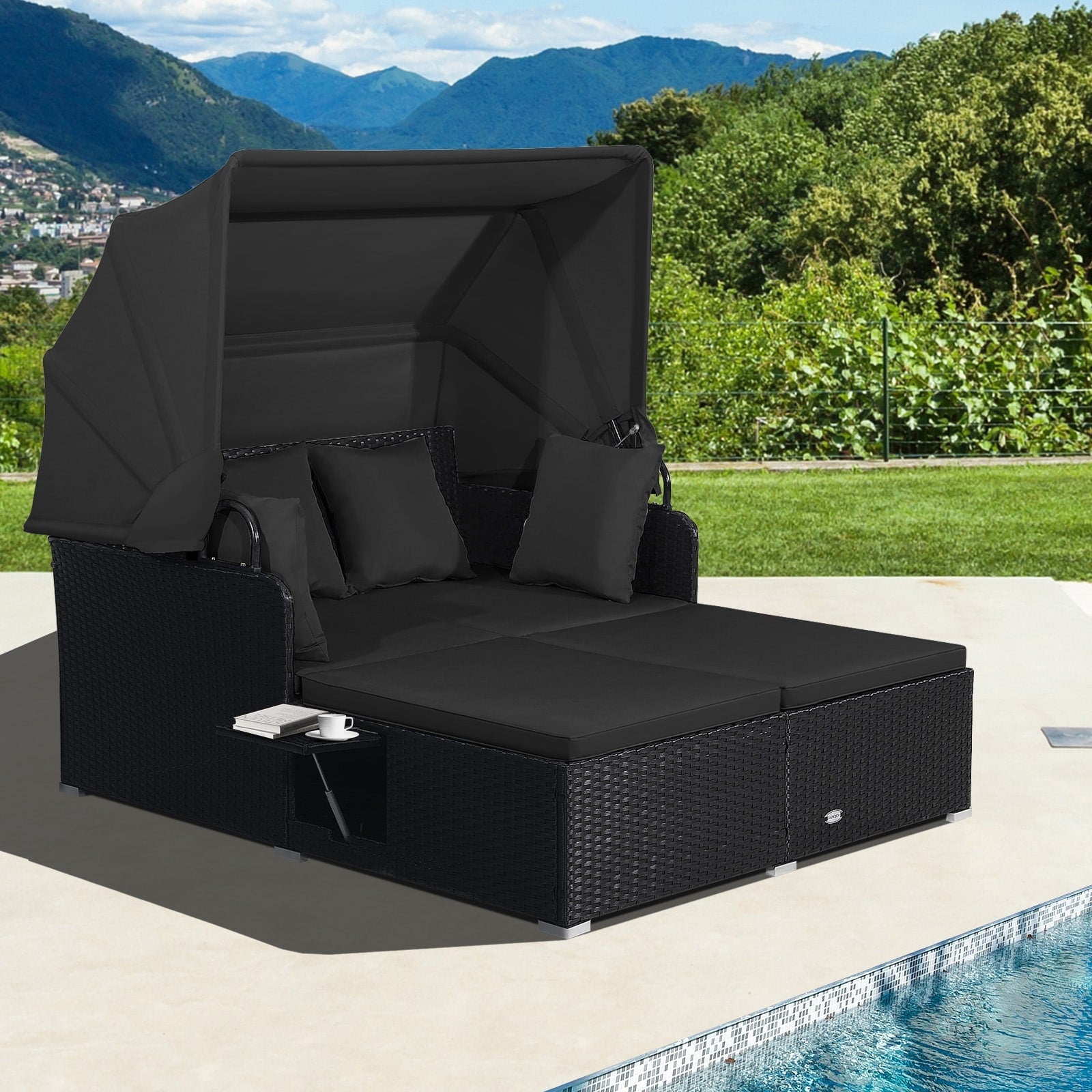 Gymax Patio Rattan Daybed Lounge Retractable Top Canopy Side Tables