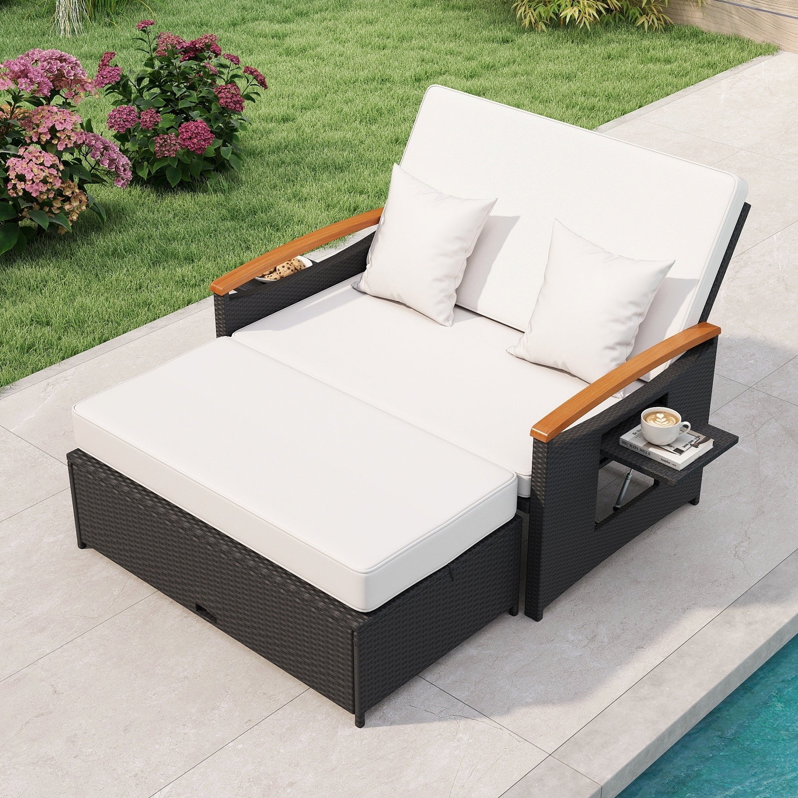 Gymax Patio Rattan Daybed Set W Cushioned Loveseat Storage Ottoman
