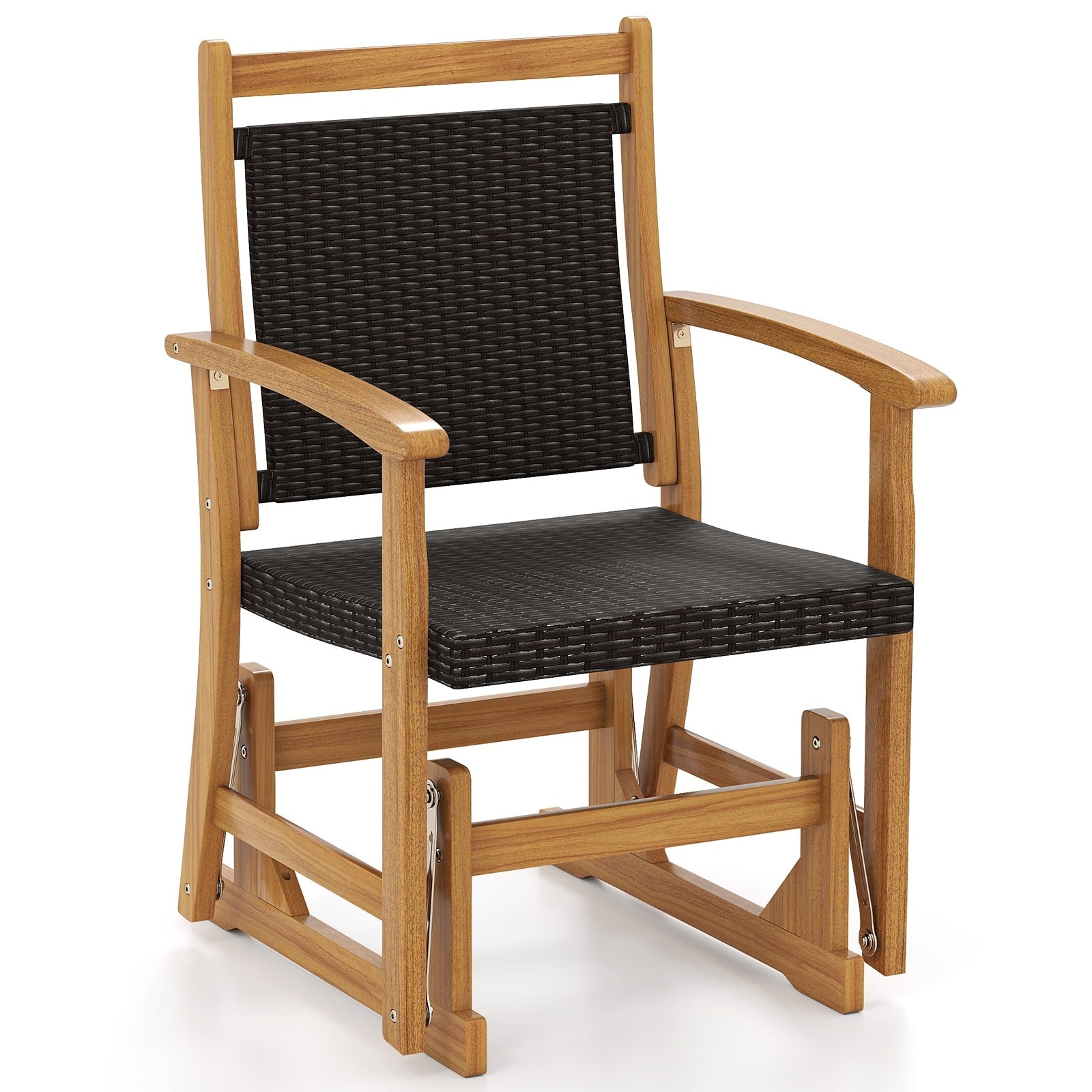 Gymax Patio Rattan Glider Chair W Acacia Wood Frame Wicker Seat