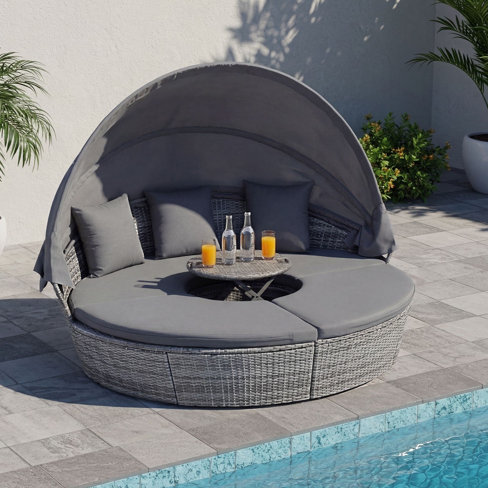 Gymax Patio Round Daybed W Retractable Canopy Cushions Throw Pillows