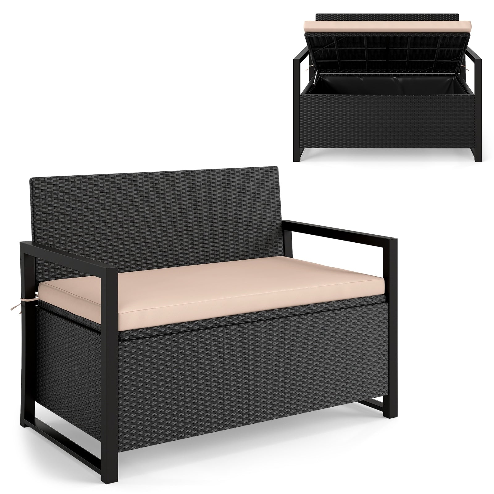 Gymax Patio Storage Bench Wicker Loveseat W Built In Storage Long